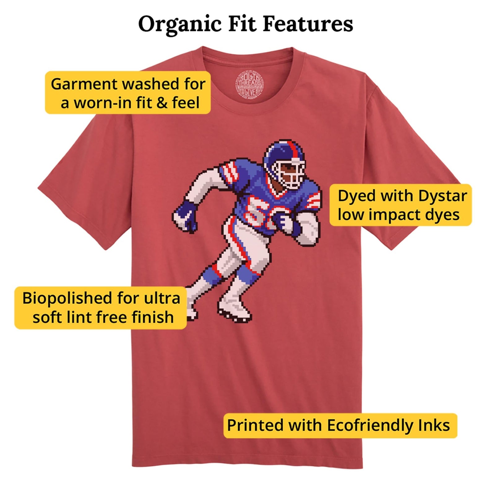 New York 16-bit Football Cool Organic T-shirt in Brick - Fit Attributes