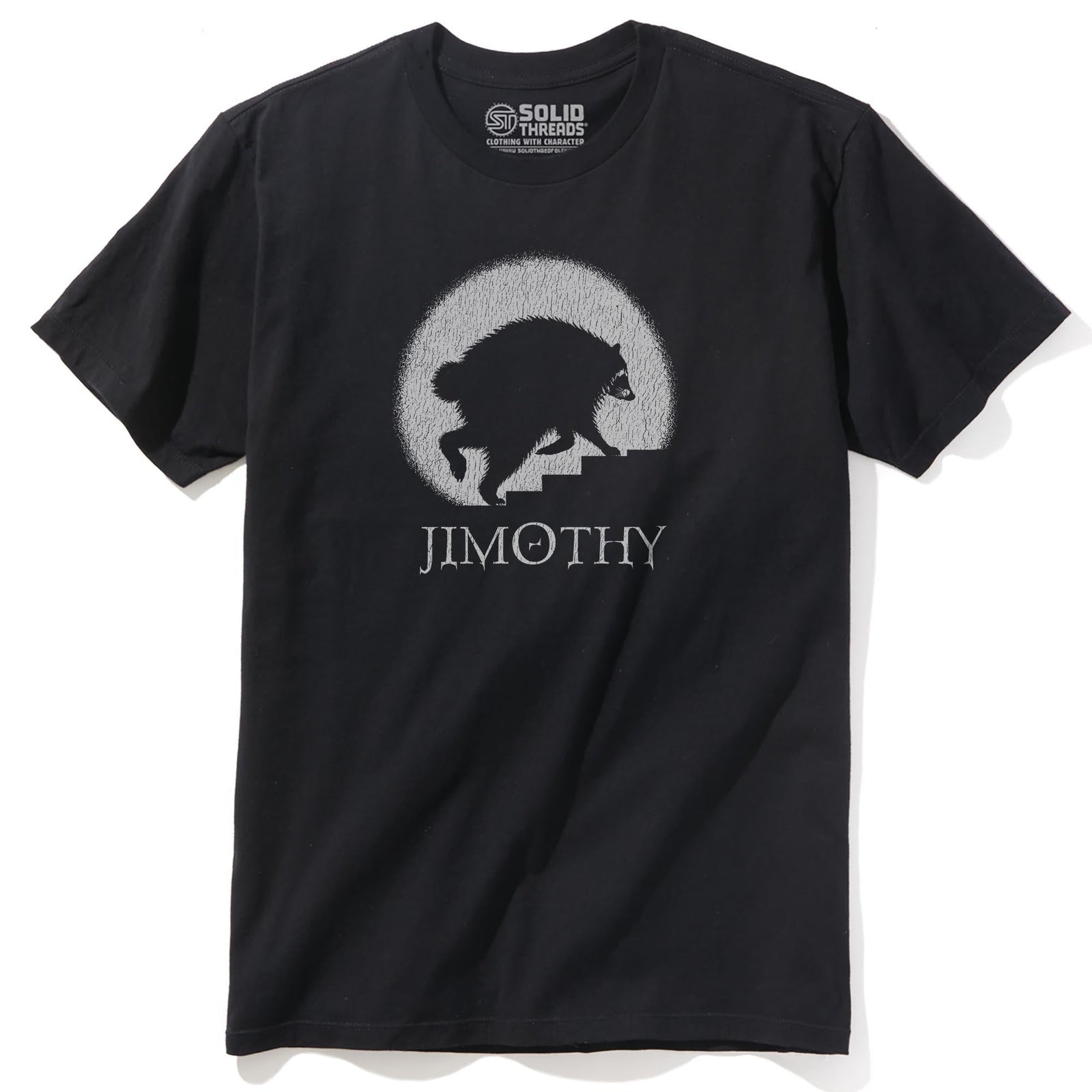 Jimothy Horror Movie Funny Staple T-shirt in Black - Front View