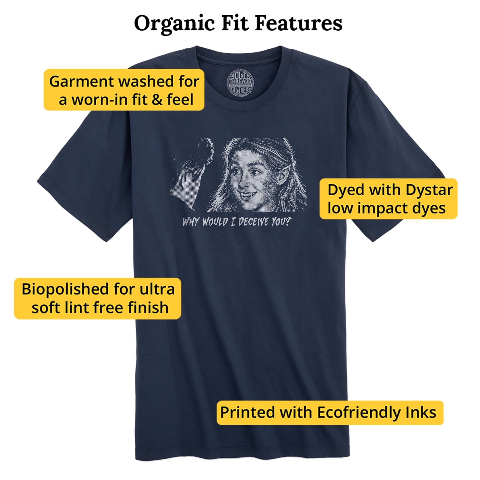 Why Would I Deceive You? Funny Organic T-shirt in Navy - Fit Attributes