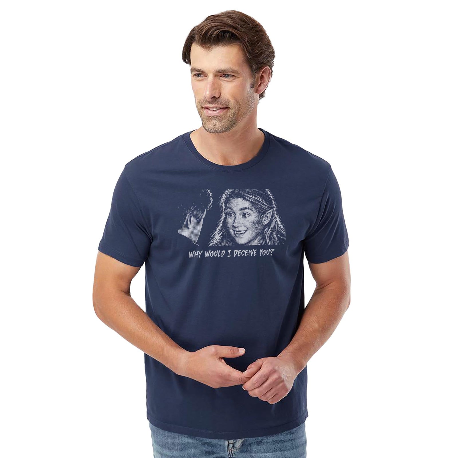 Why Would I Deceive You? Funny Organic T-shirt in Navy On Model - Front View