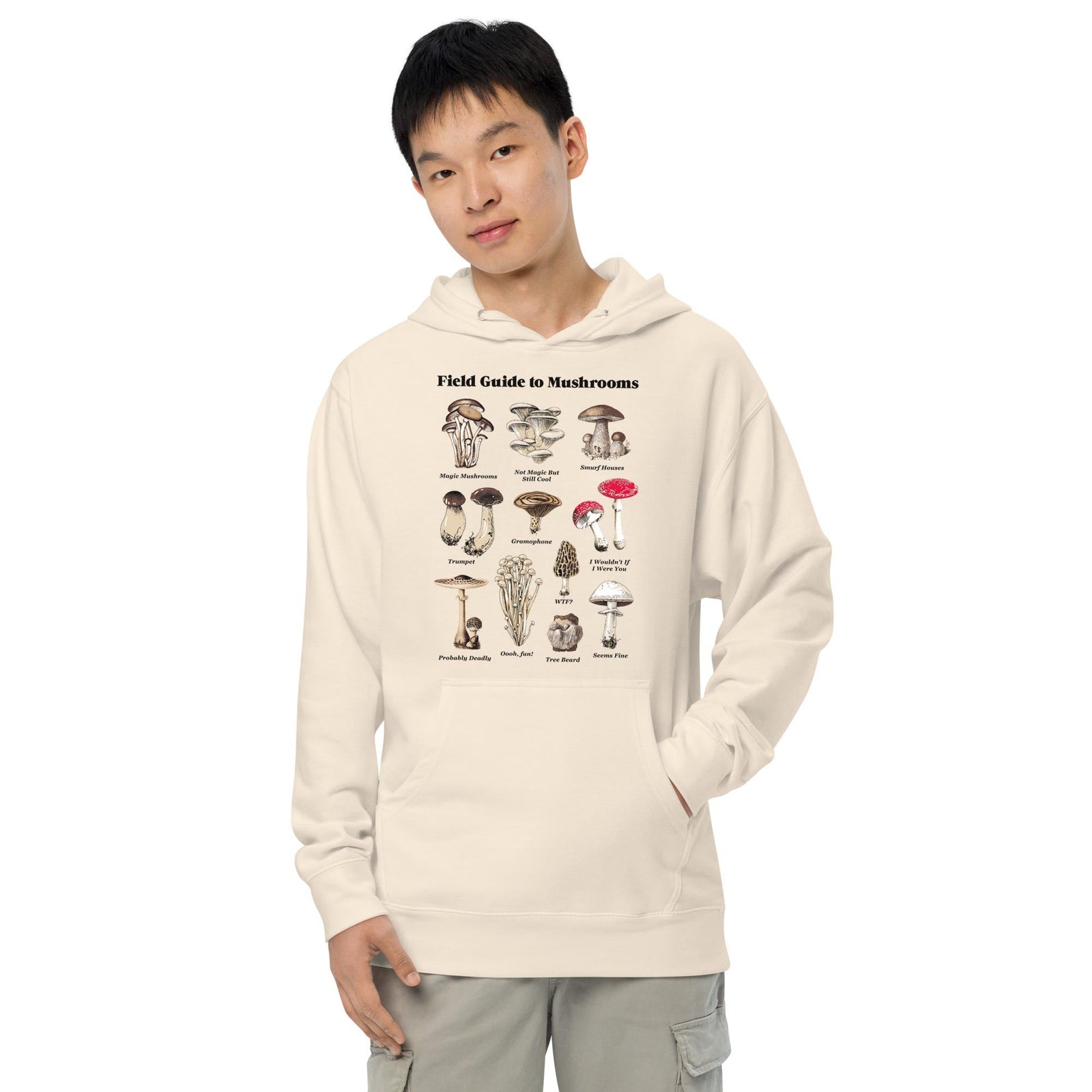 Field Guide To Magic Mushrooms Vintage Graphic Midweight Pullover Hoodie | Cool Botany Chart Fleece on Model | Solid Threads