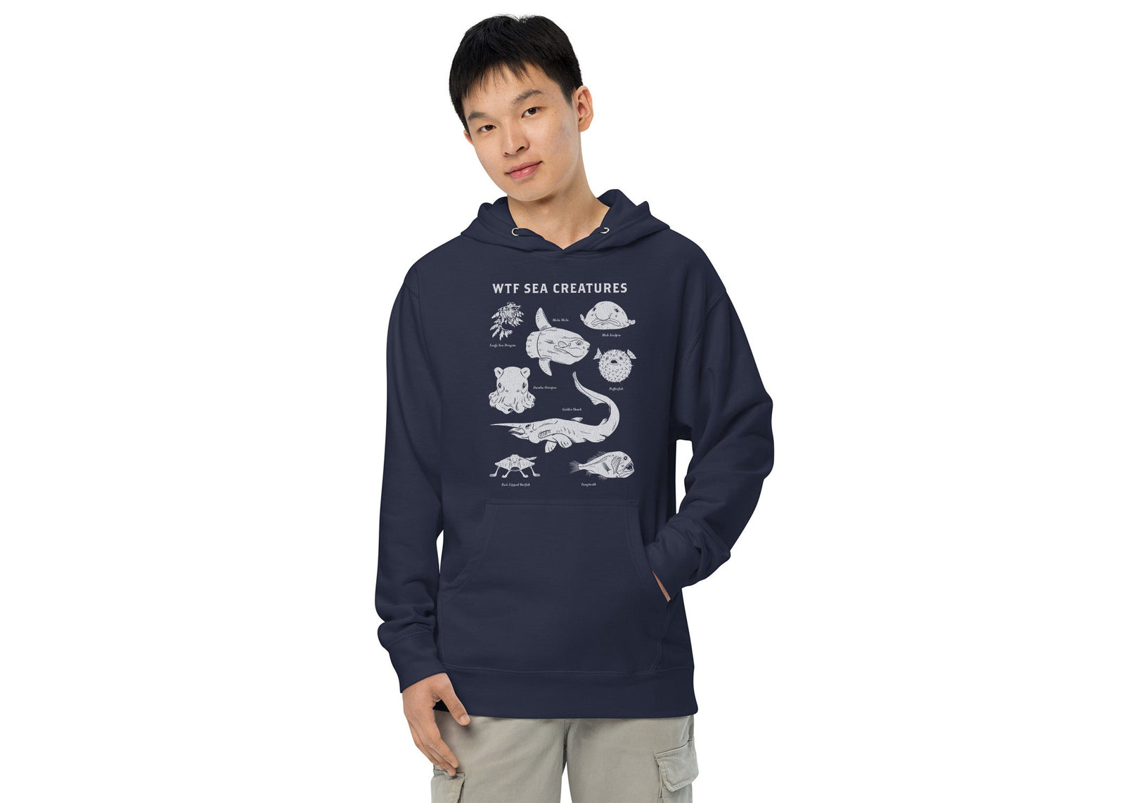 Wtf Sea Creatures Cool Graphic Midweight Pullover Hoodie | Designer Blobfish Chart Ocean Fleece on Model | Solid Threads