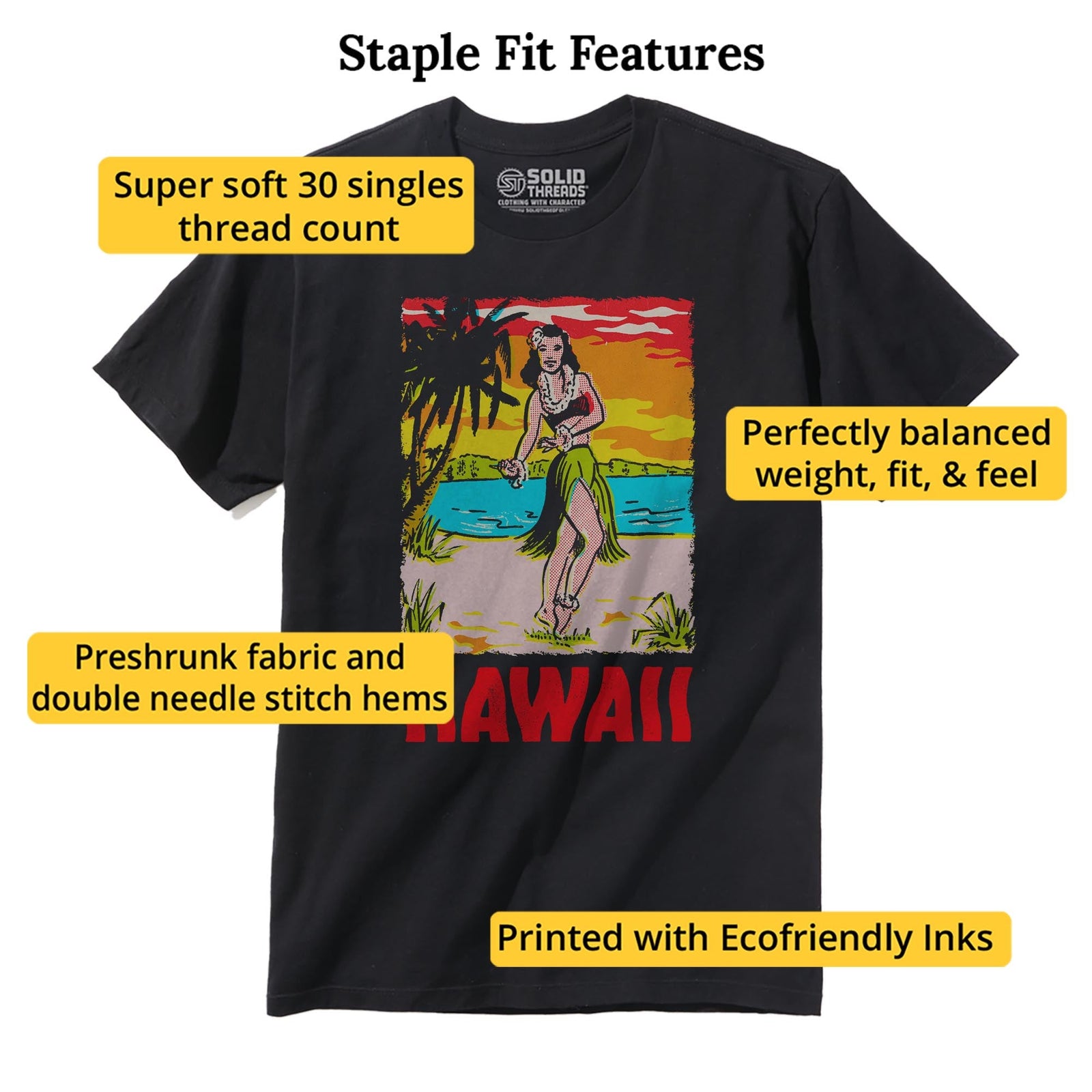 Hawaii Hula Girl Retro Staple T-shirt in Black - Fit Attributes