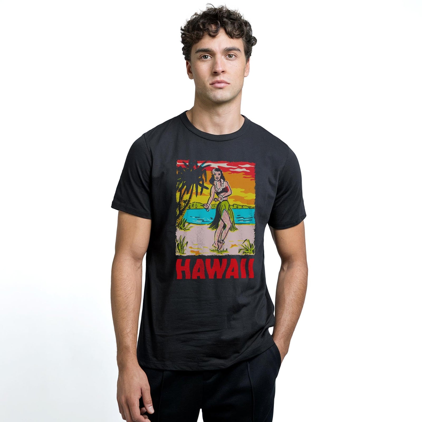 Hawaii Hula Girl Retro Staple T-shirt in Black On Model - Front View