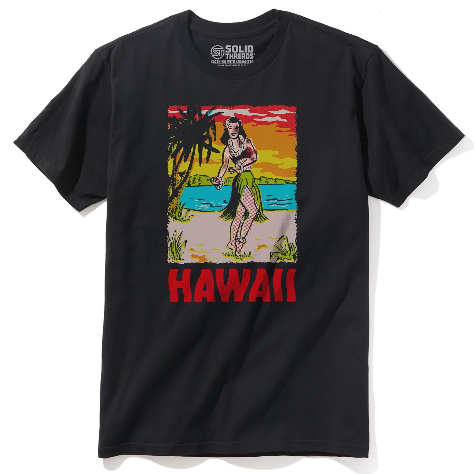 Hawaii Hula Girl Retro Staple T-shirt in Black - Front View