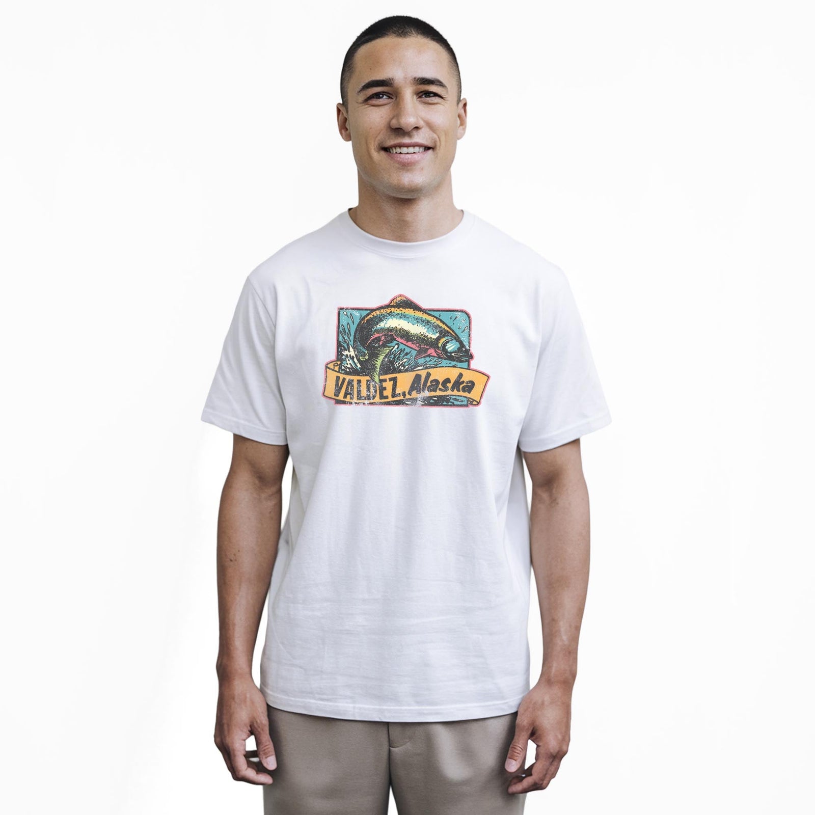 Valdez Alaska Retro Staple T-shirt in White On Model - Front View