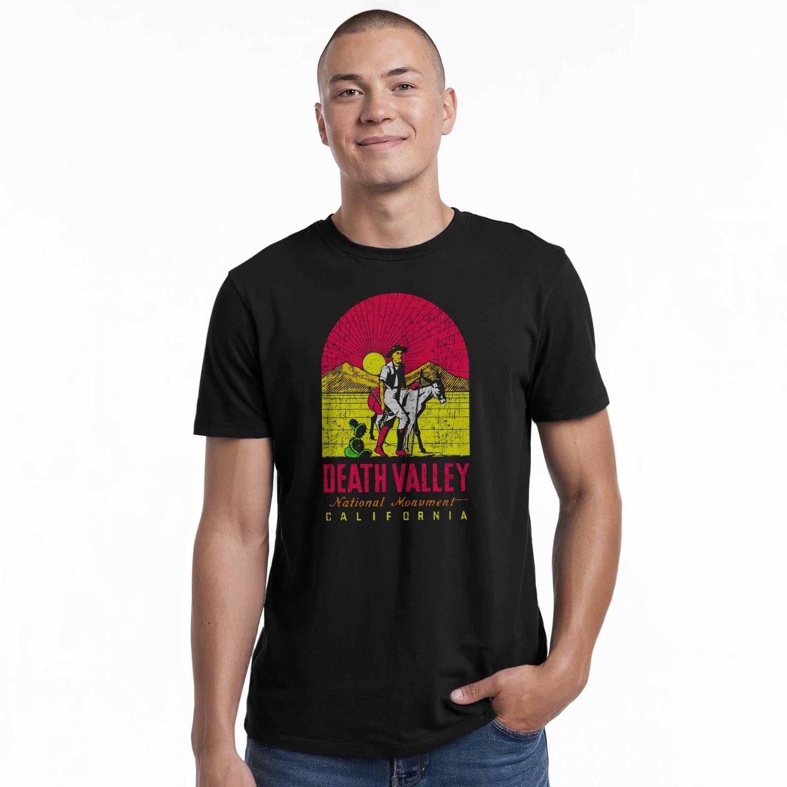 Death Valley Retro Staple T-shirt in Black On Model - Front View