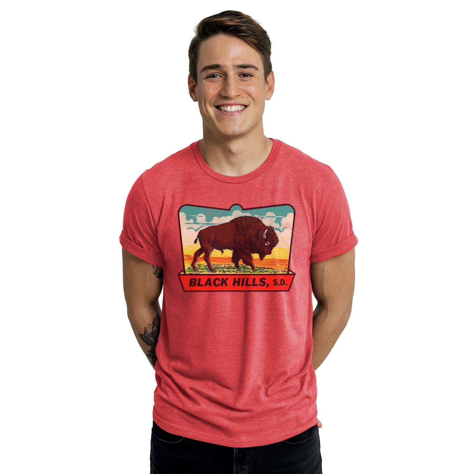 Black Hills Retro Staple T-shirt in Red Heather On Model - Front View