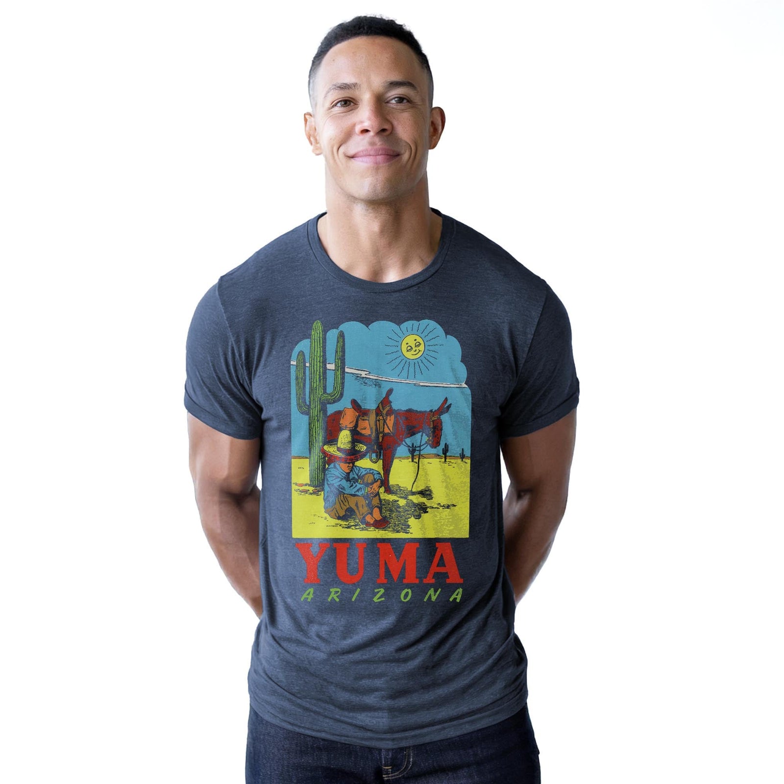 Yuma Arizona Instagram Vintage Staple T-shirt in Navy Heather On Model - Front View