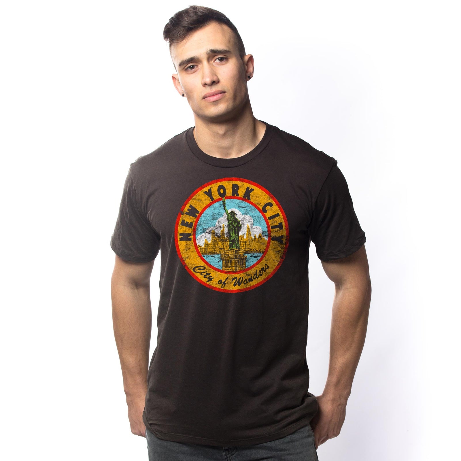 Men's Nyc City Of Wonders Vintage Graphic T-Shirt | Cool NY Liberty Tee on Model | Solid Threads