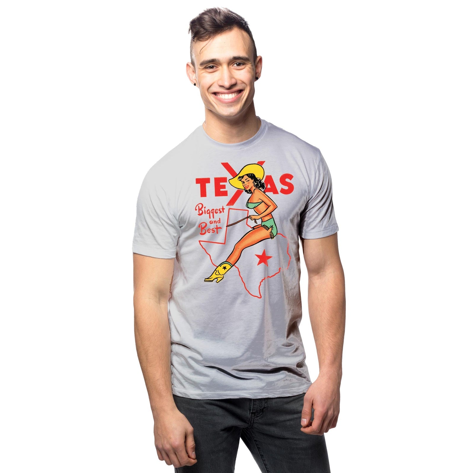 Men's Texas Biggest & Best Vintage Graphic T-Shirt | Cool TX Rodeo Tee on Model | Solid Threads