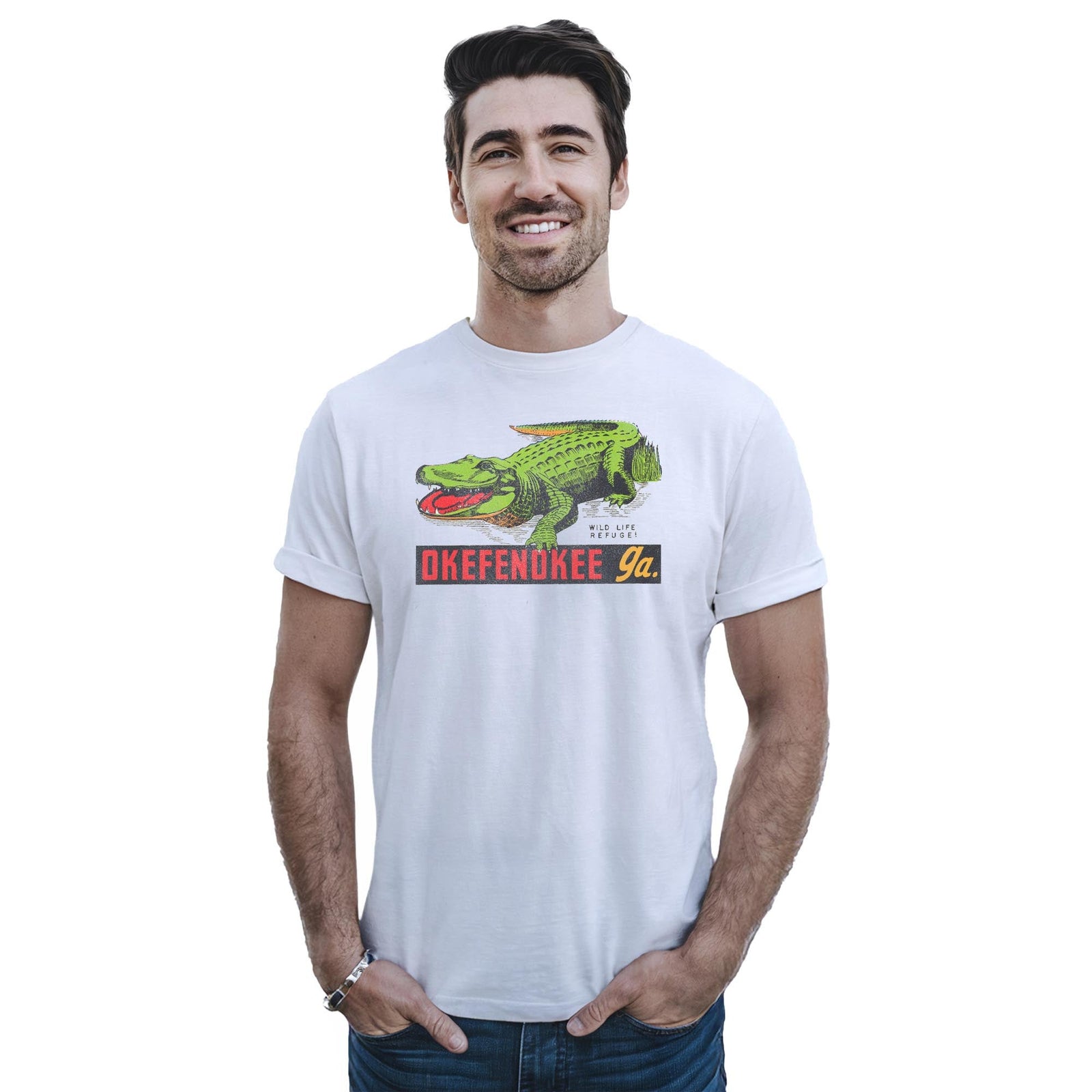 Okefenokee Georgia Retro Staple T-shirt in White On Model - Front View