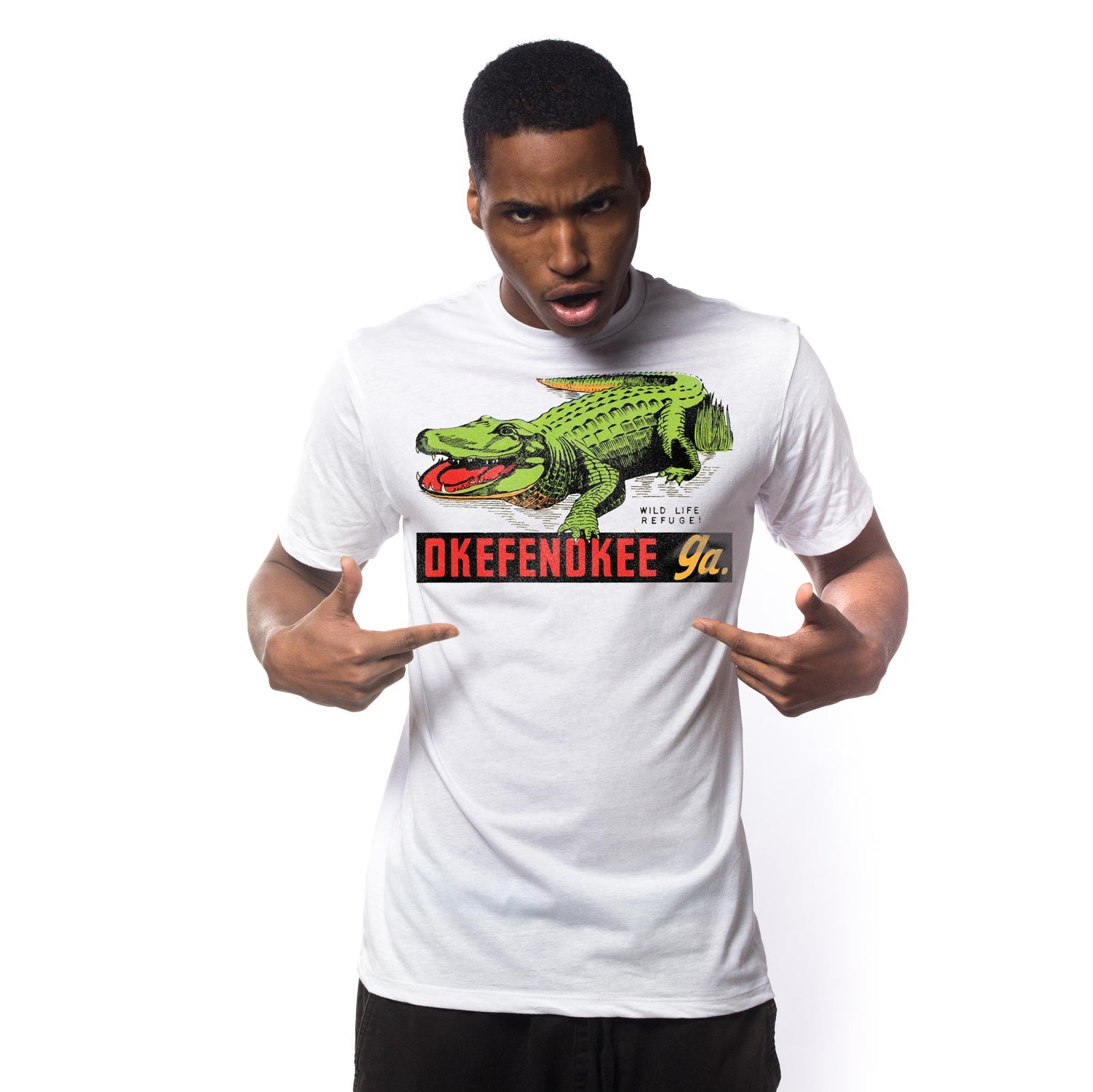 Men's Okefenokee Georgia Retro Graphic T-Shirt | Cool GA Gator Tee on Model | Solid Threads