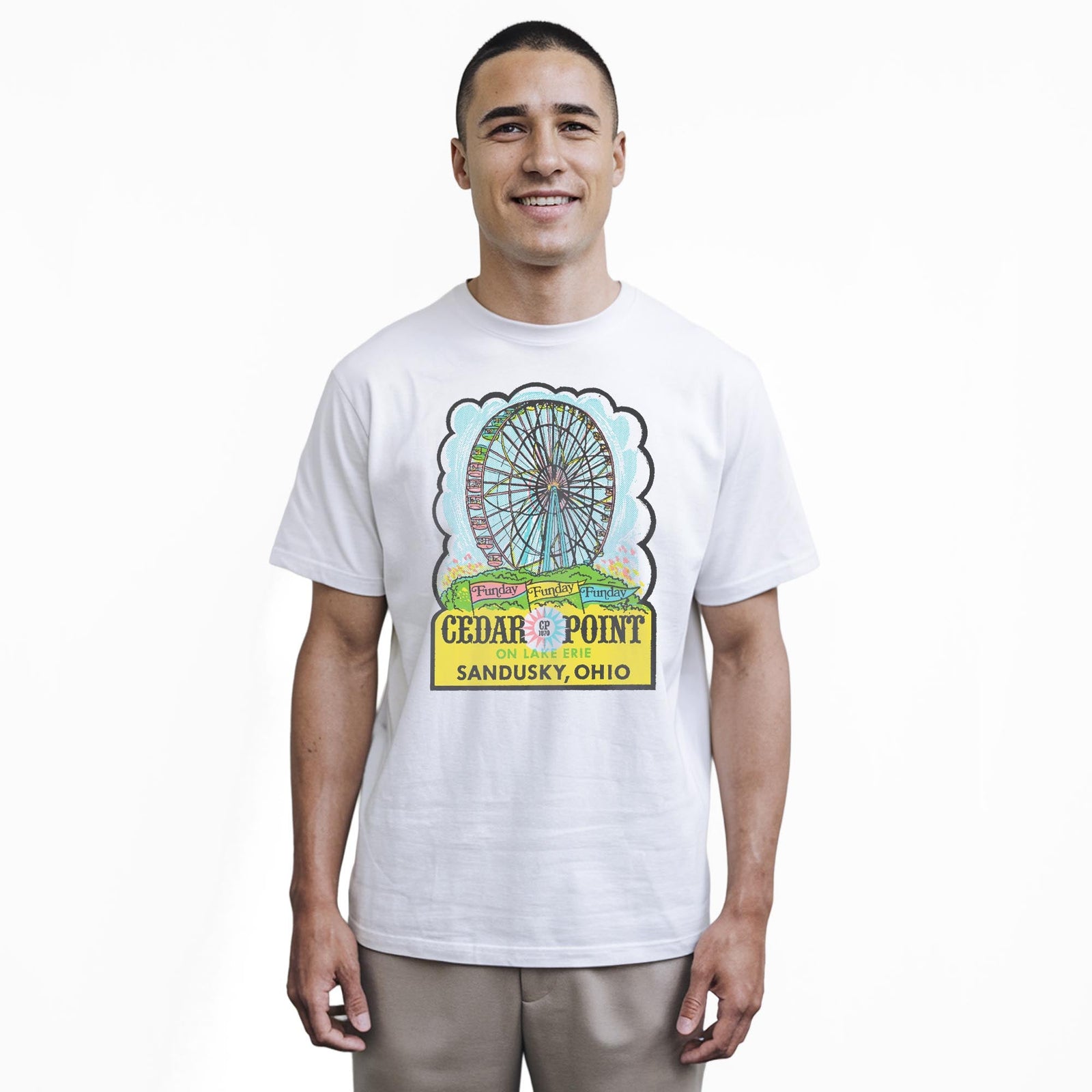 Cedar Point Vintage Staple T-shirt in White On Model - Front View