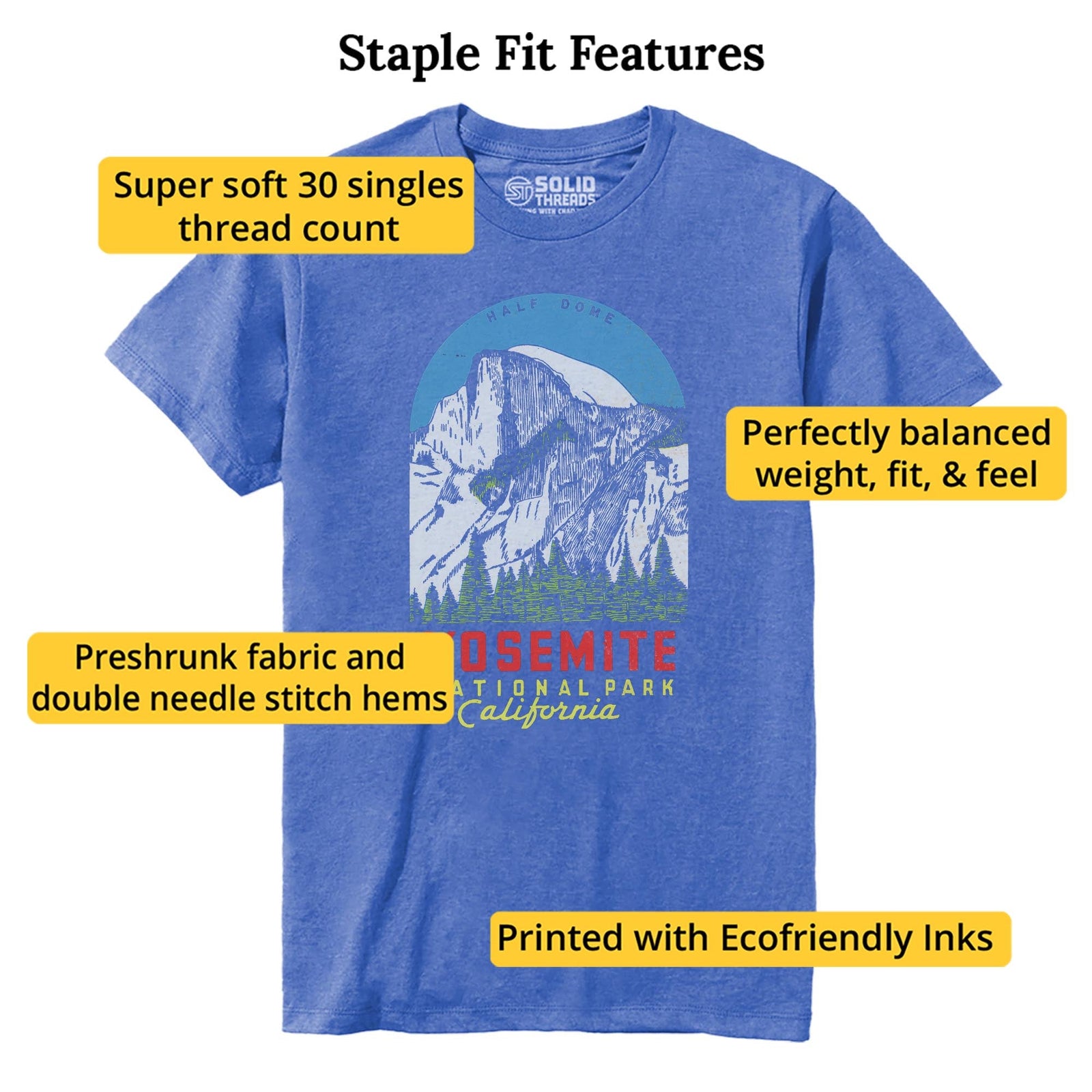 Yosemite Vintage Staple T-shirt in Royal Heather - Fit Attributes