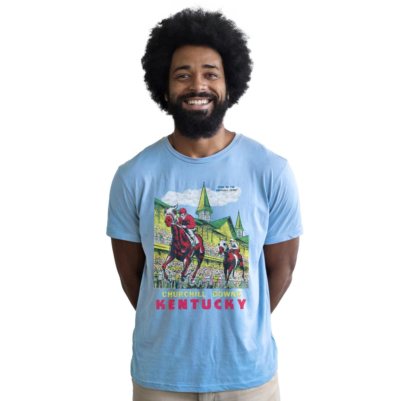 Churchill Downs Retro Staple T-shirt in Light Blue Heather On Model - Front View