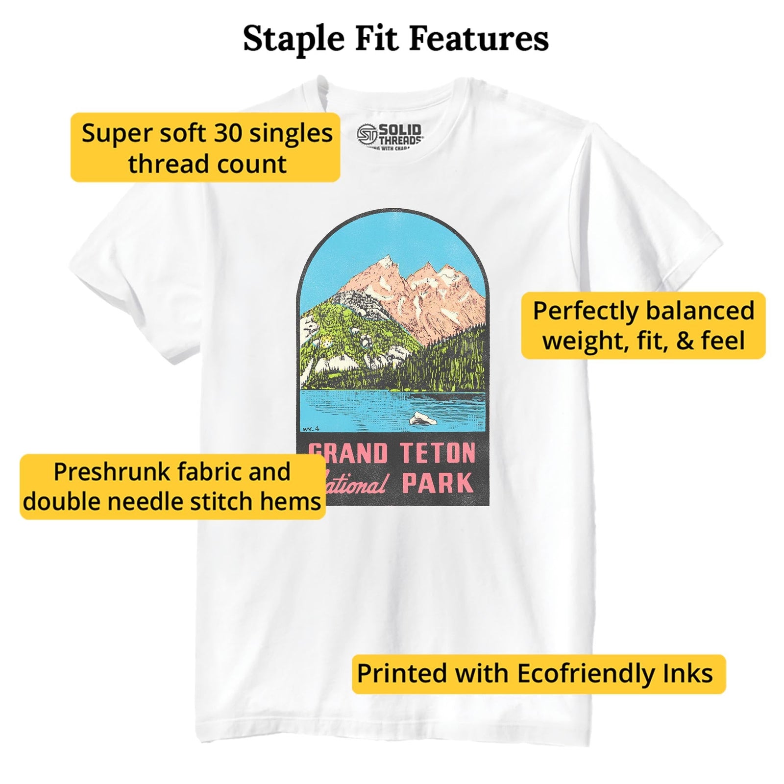 Grand Teton National Park Retro Staple T-shirt in White - Fit Attributes