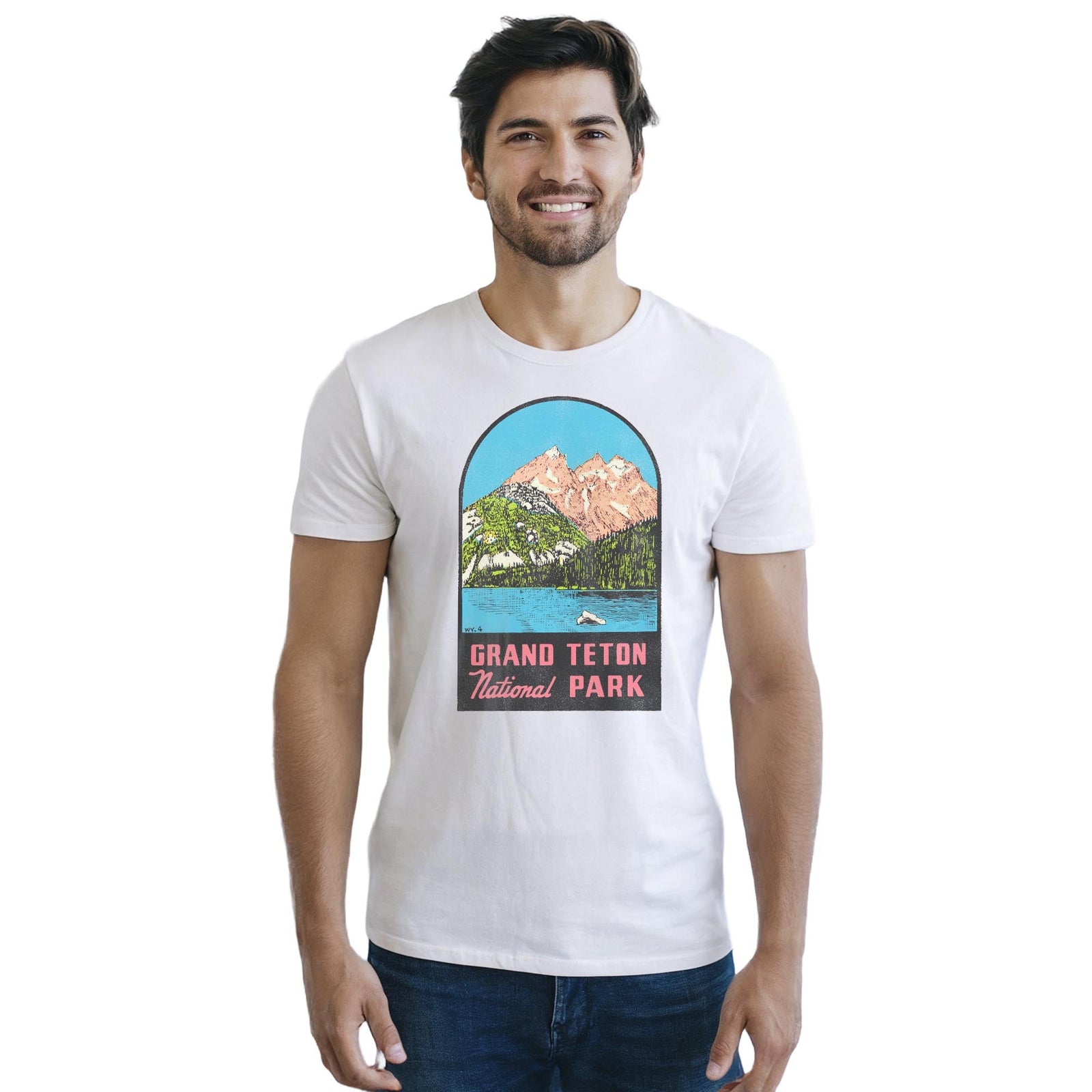 Grand Teton National Park Retro Staple T-shirt in White On Model - Front View