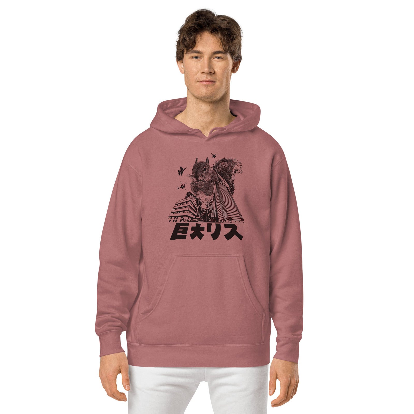Squirrelzilla Funny Graphic Vintage Wash Pullover Hoodie | Designer Godzilla Pun Kaiju Fleece on Model | Solid Threads