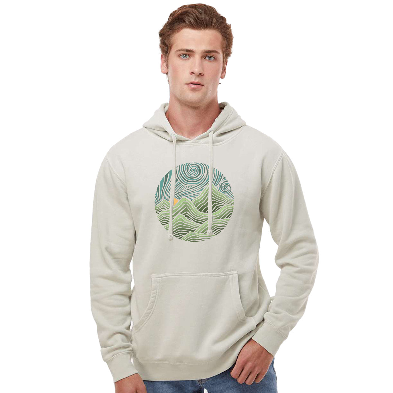Men's Swirly Mountains Vintage Graphic Fleece | Cool Colorful Nature Vintage Wash Hoodie on Model | Solid Threads