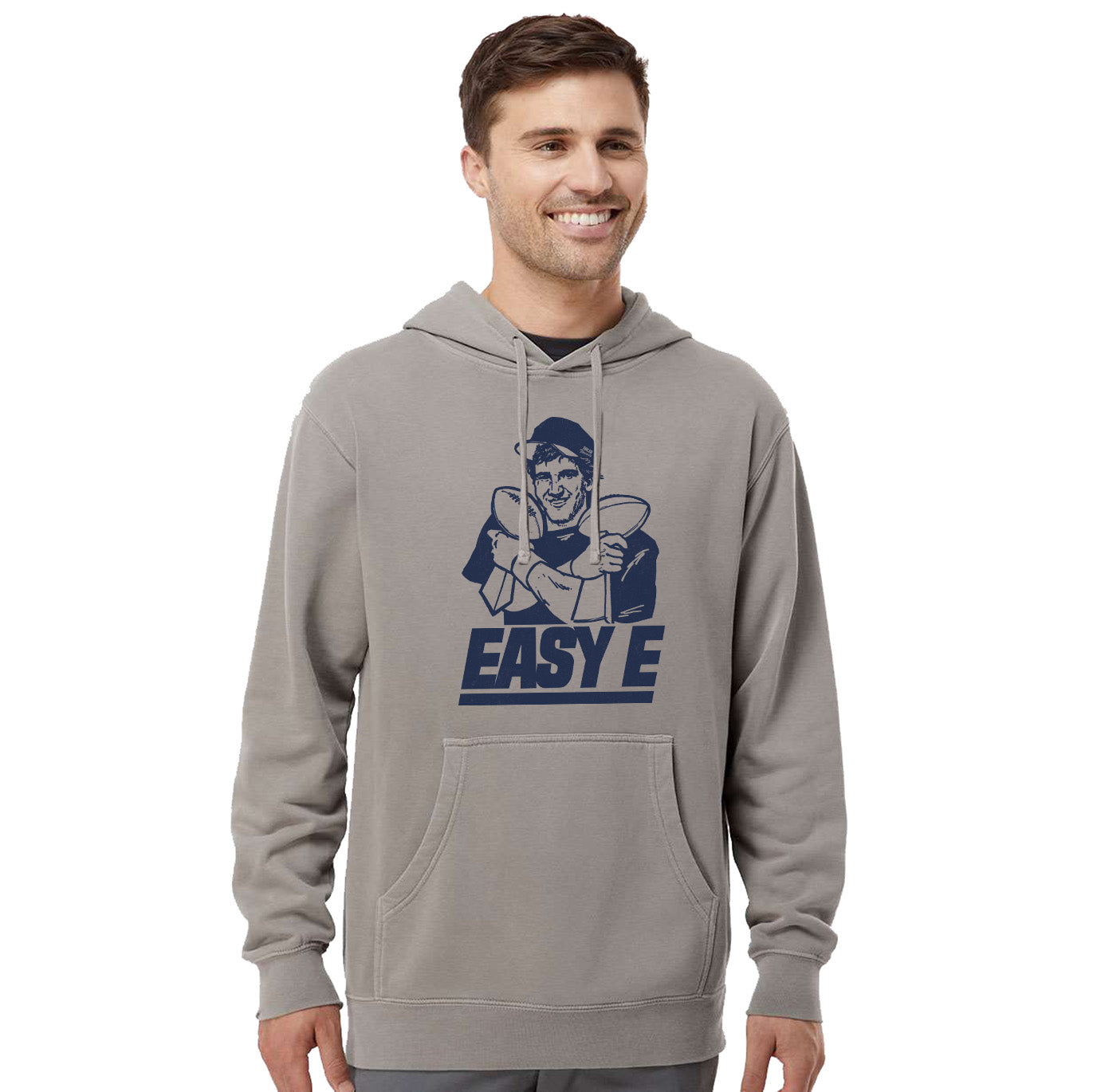 Men's Easy E Retro Football Graphic Fleece | Funny NY Giants Royal Vintage Wash Hoodie on Model | SOLID THREADS