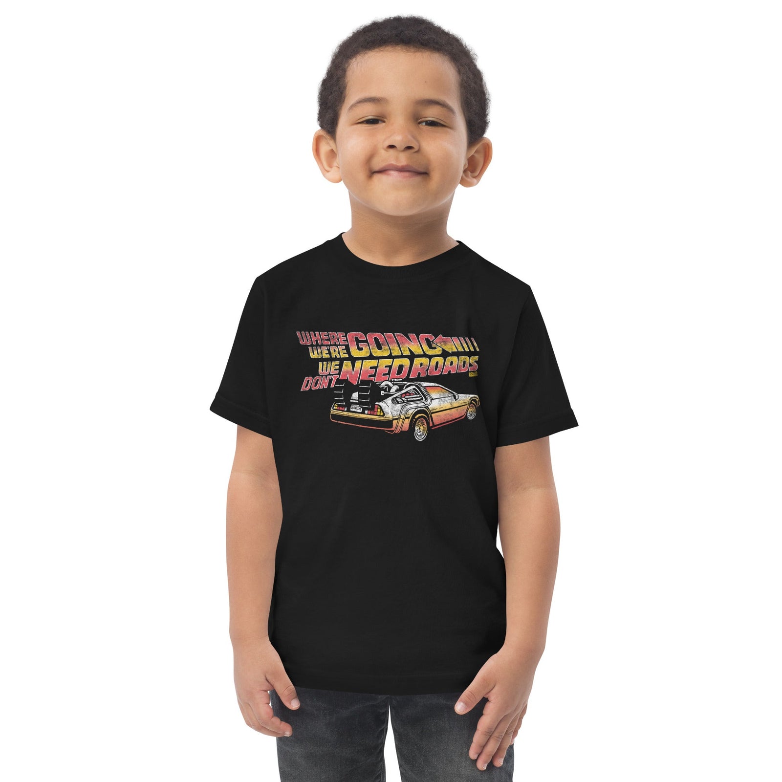Toddler's We Don't Need Roads Cool Extra Soft T-Shirt | Retro 80s Movie Tee On Model | Solid Threads