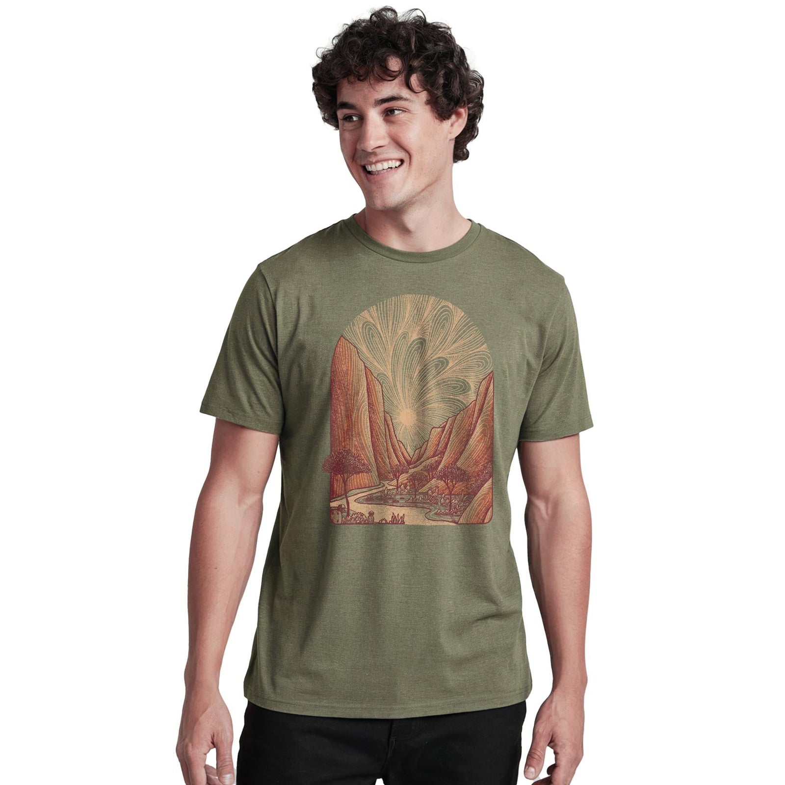Zion Vintage Staple T-shirt in Olive Heather On Model - Front View