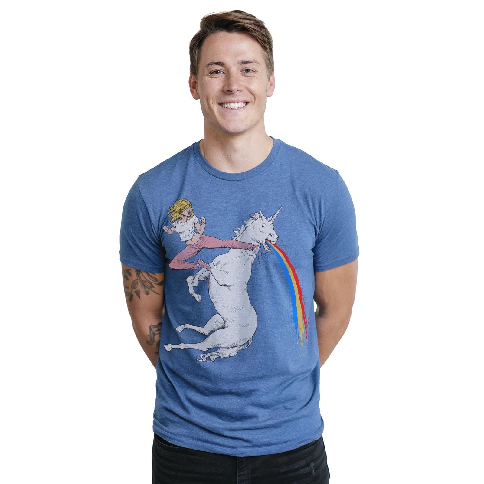 Bloodsport Barbie Funny Staple T-shirt in Royal Heather On Model - Front View