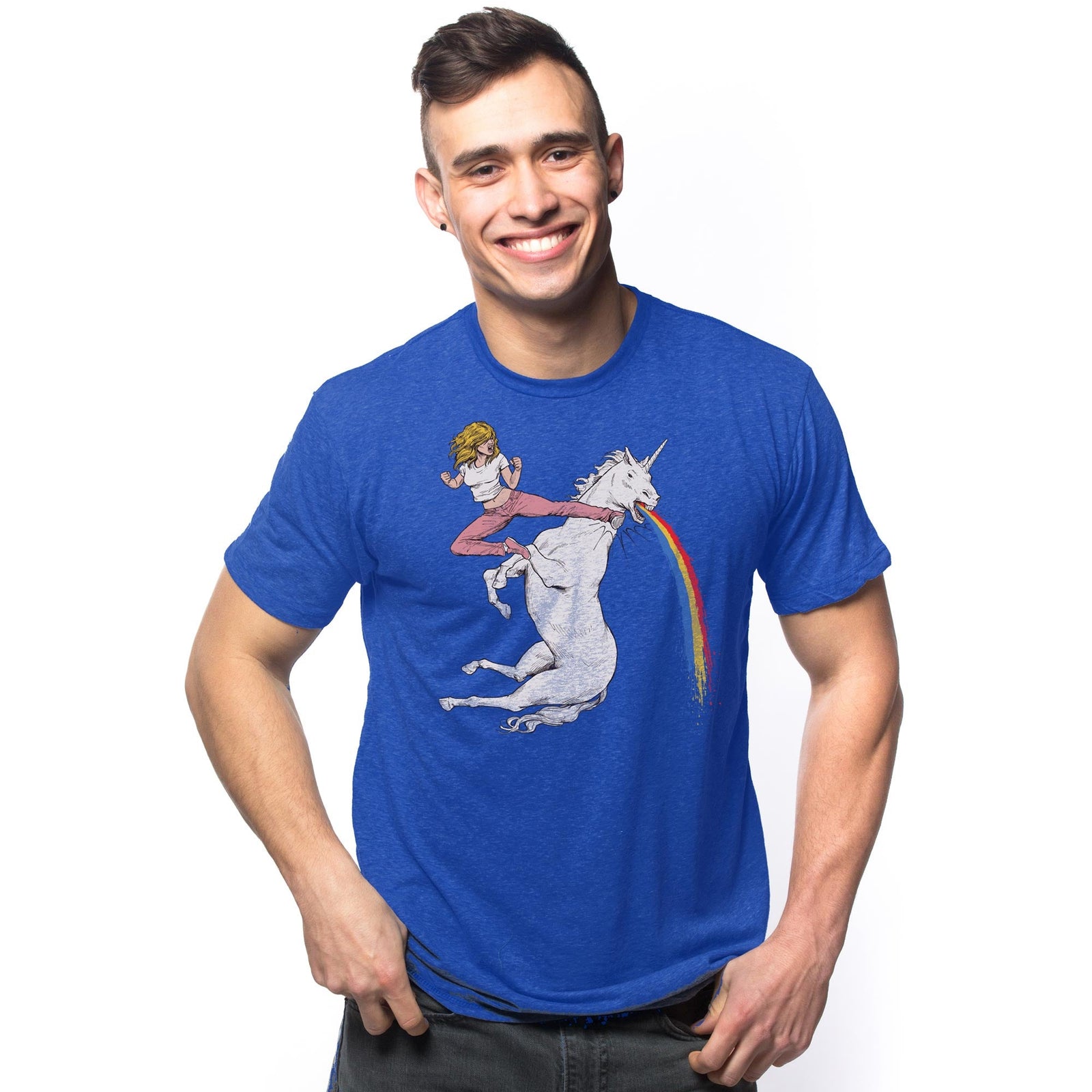 Men's Bloodsport-Barbie Funny Graphic T-Shirt | Cool Unicorn Martial Arts Tee on Model | Solid Threads