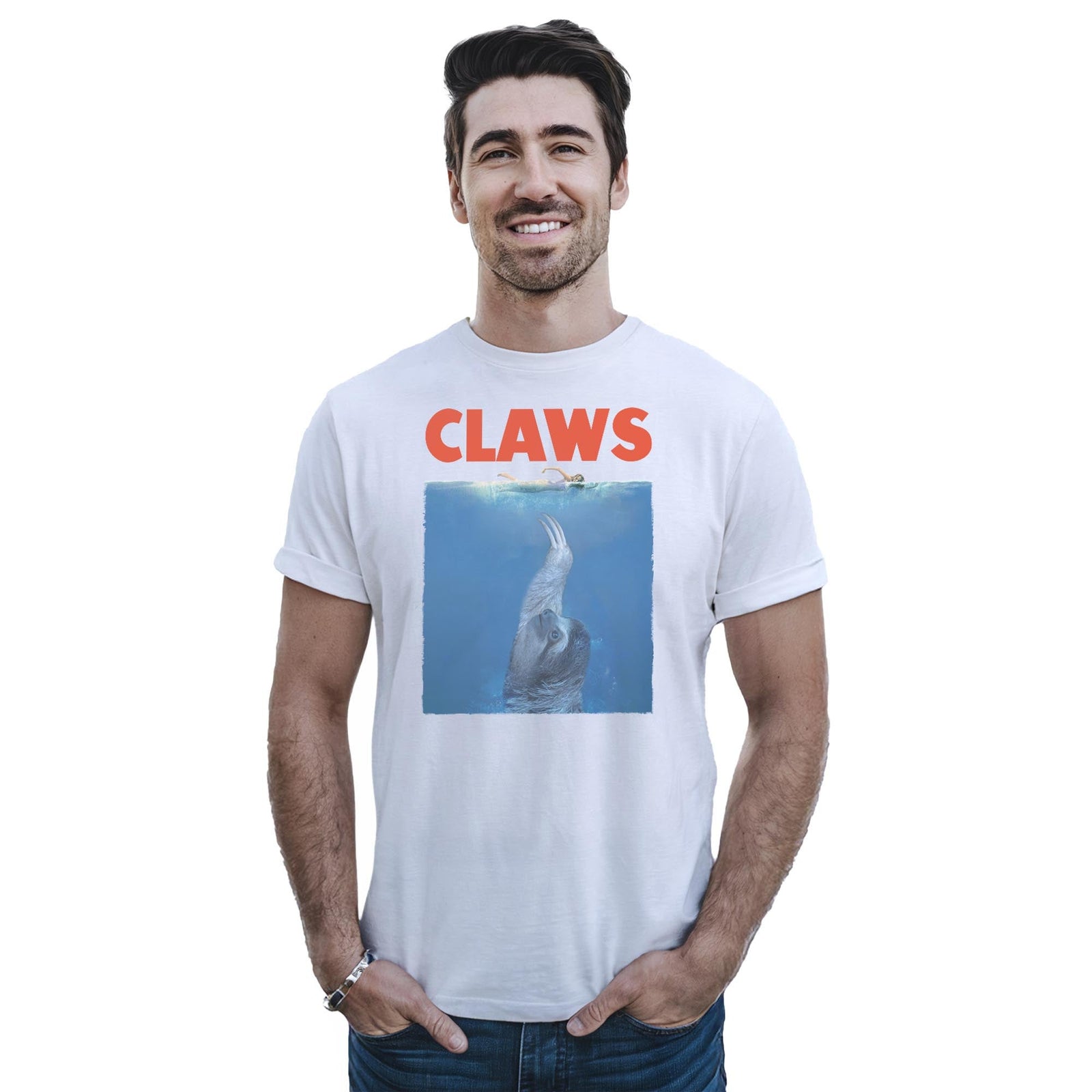 Claws Funny Staple T-shirt in White On Model - Front View