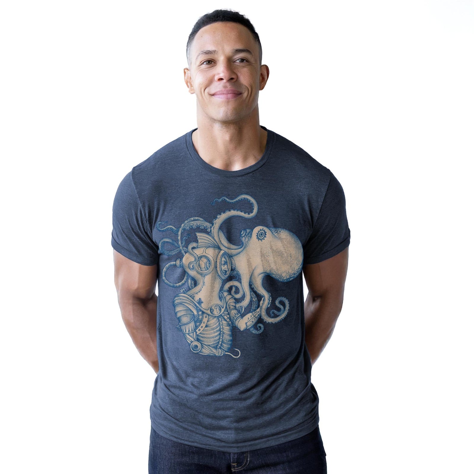 Deep Sea Discovery Artistic Staple T-shirt in Navy Heather On Model - Front View