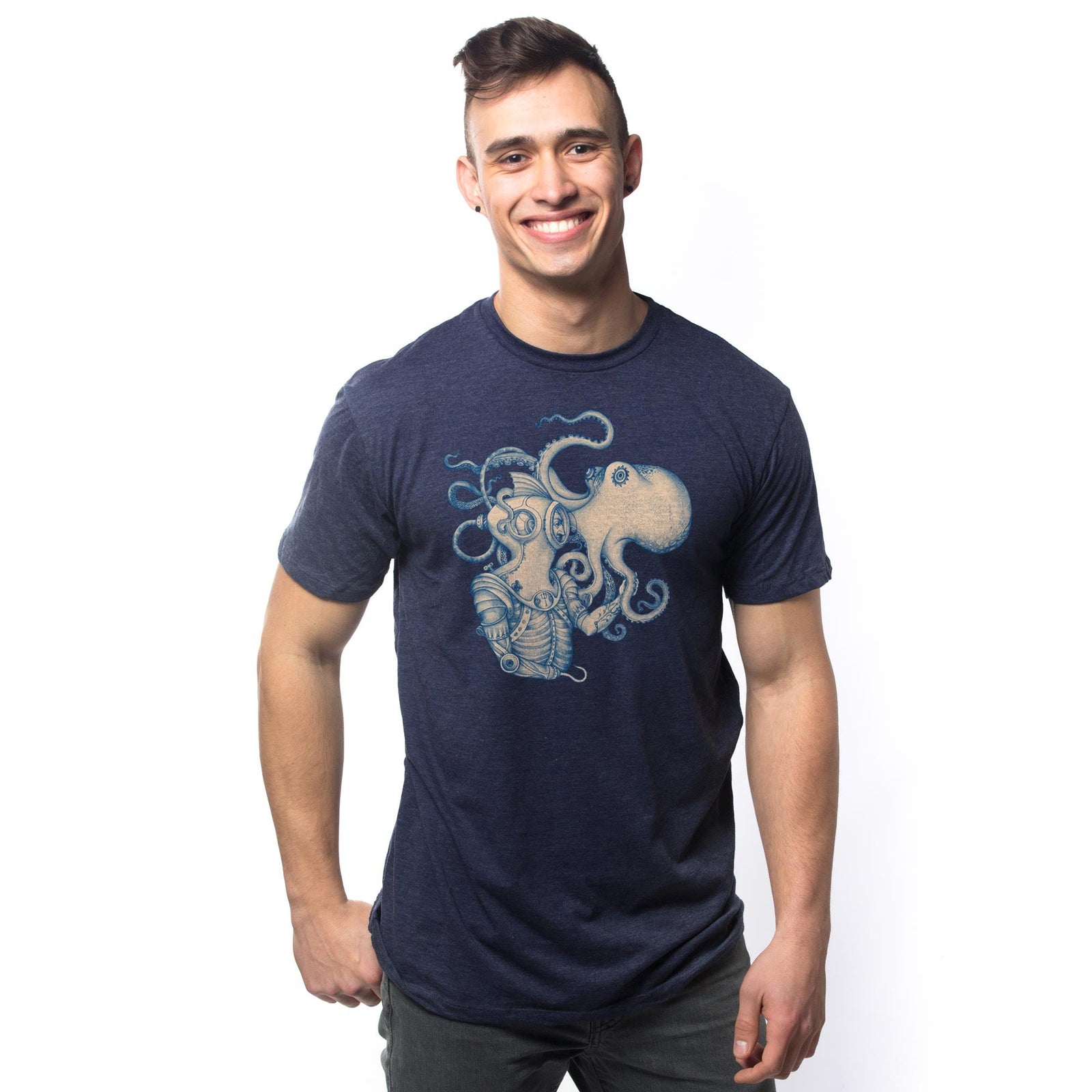 Men's Deep-Sea-Discovery Artistic Graphic T-Shirt | Cool Octopus Scuba Tee on Model | Solid Threads
