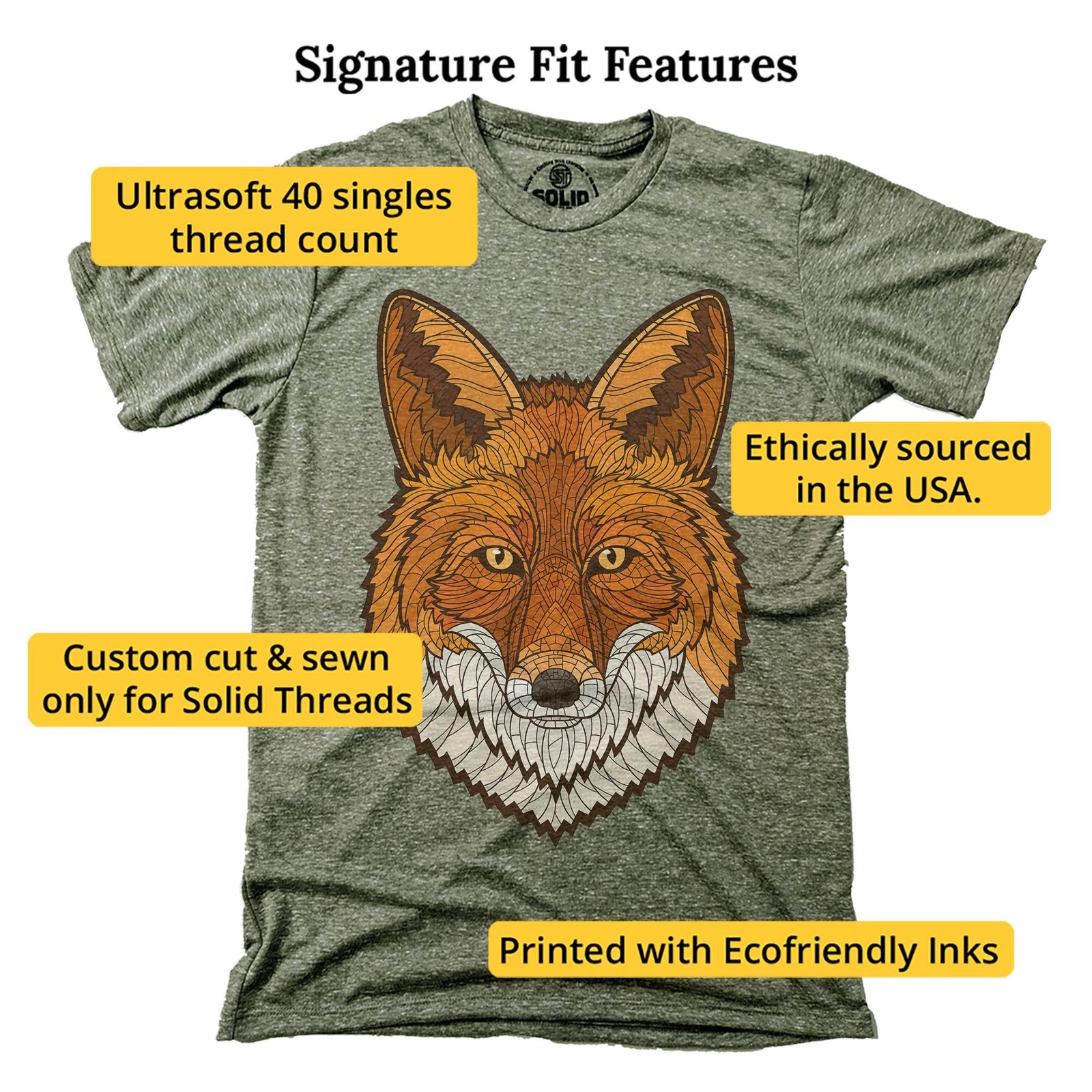 Geometric Fox Artistic Signature T-shirt in Triblend Olive - Fit Attributes