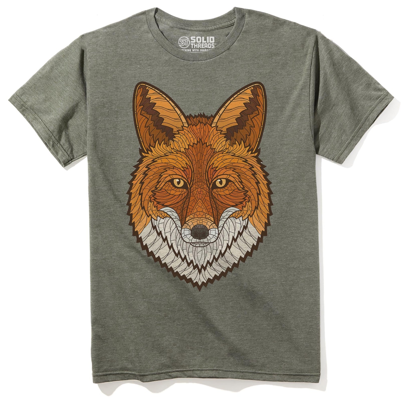 Geometric Fox Artistic Staple T-shirt in Olive Heather - Front View