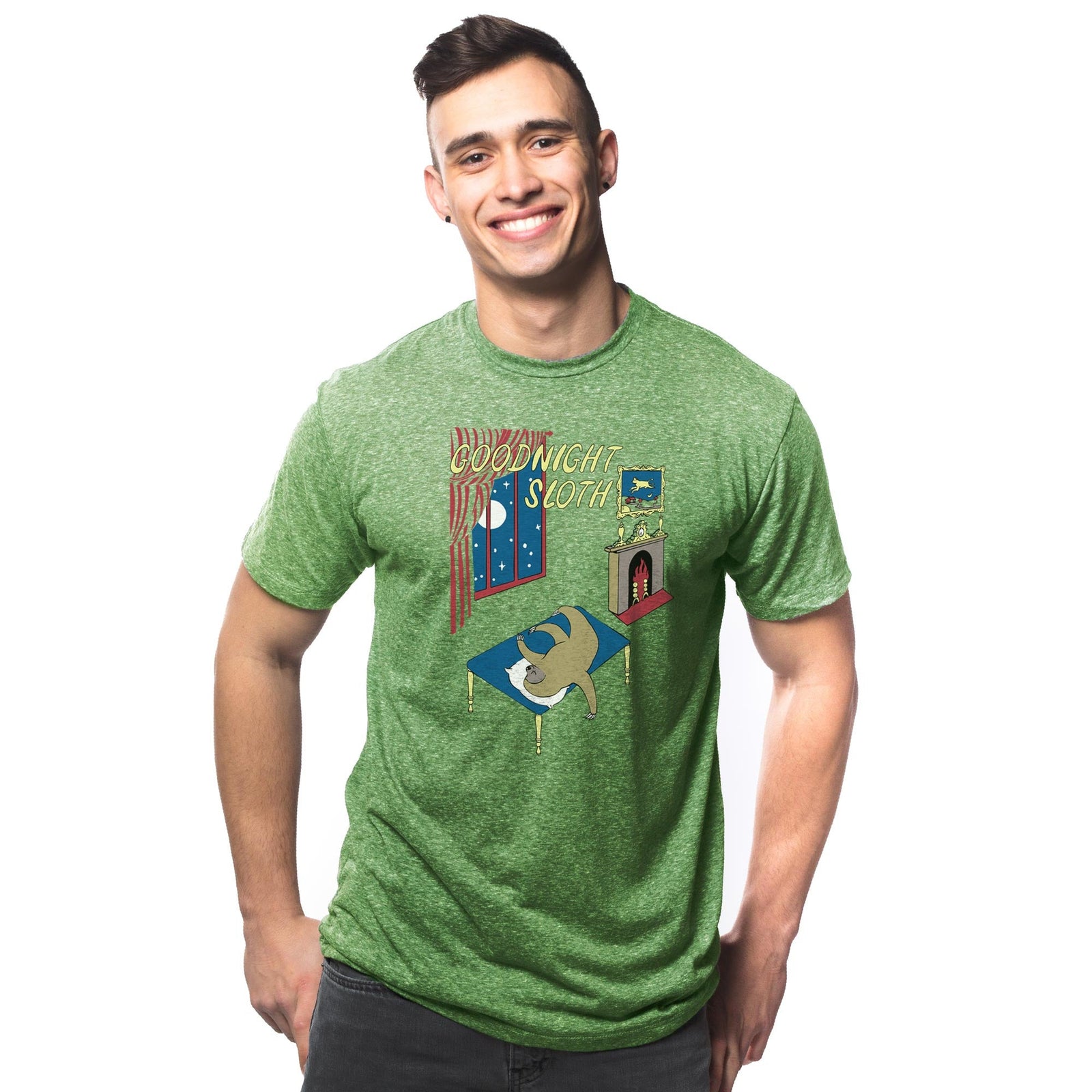 Men's Goodnight-Sloth Funny Graphic T-Shirt | Cool Sleep Moon Tee on Model | Solid Threads