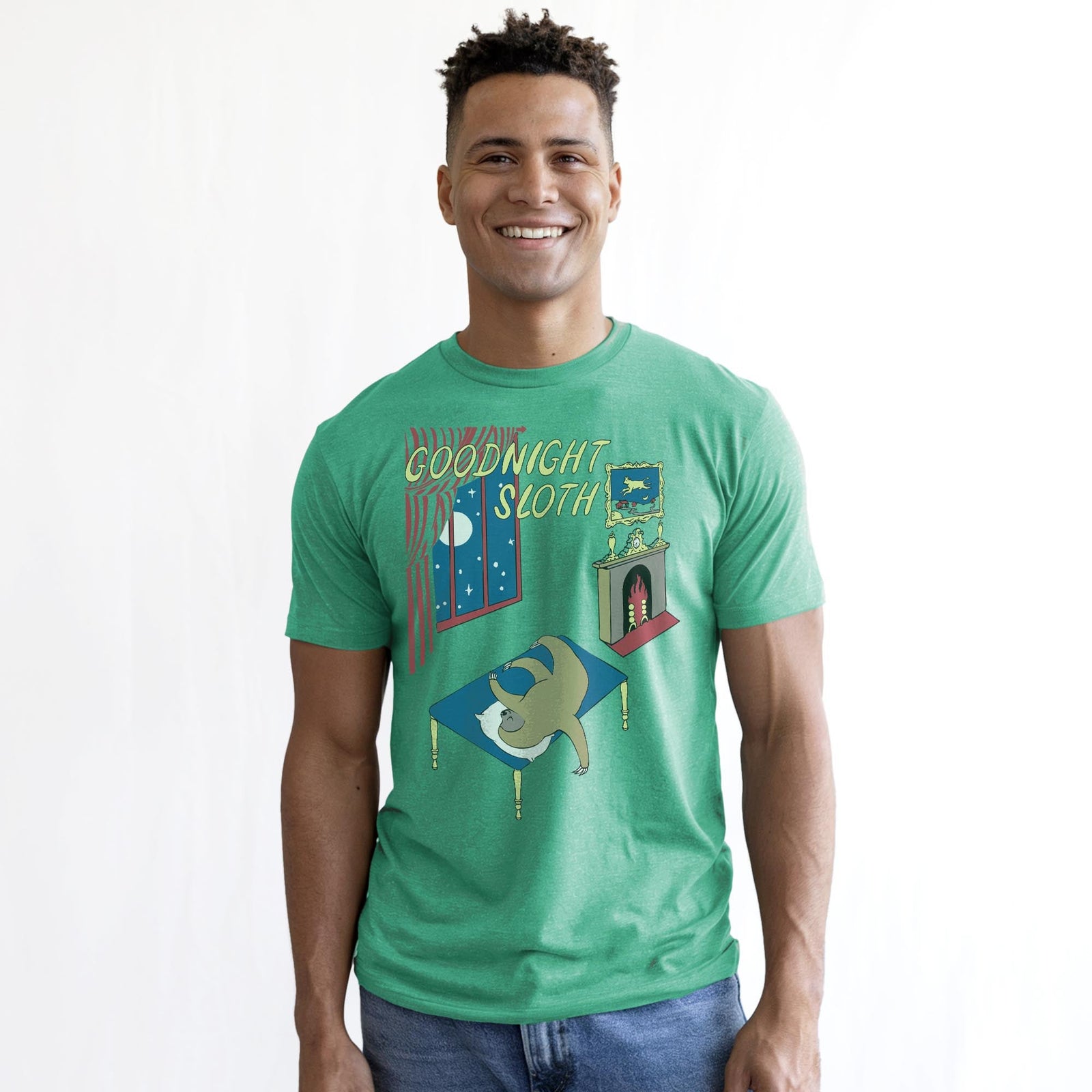 Goodnight Sloth Funny Staple T-shirt in Kelly Heather On Model - Front View