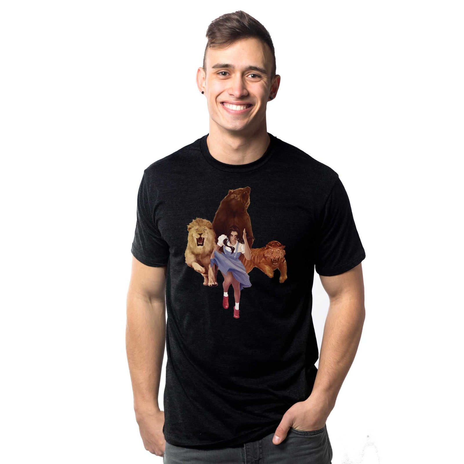 Men's Lions-Tigers-Bears Funny Graphic T-Shirt | Cool Wizard Of Oz Book Tee on Model | Solid Threads