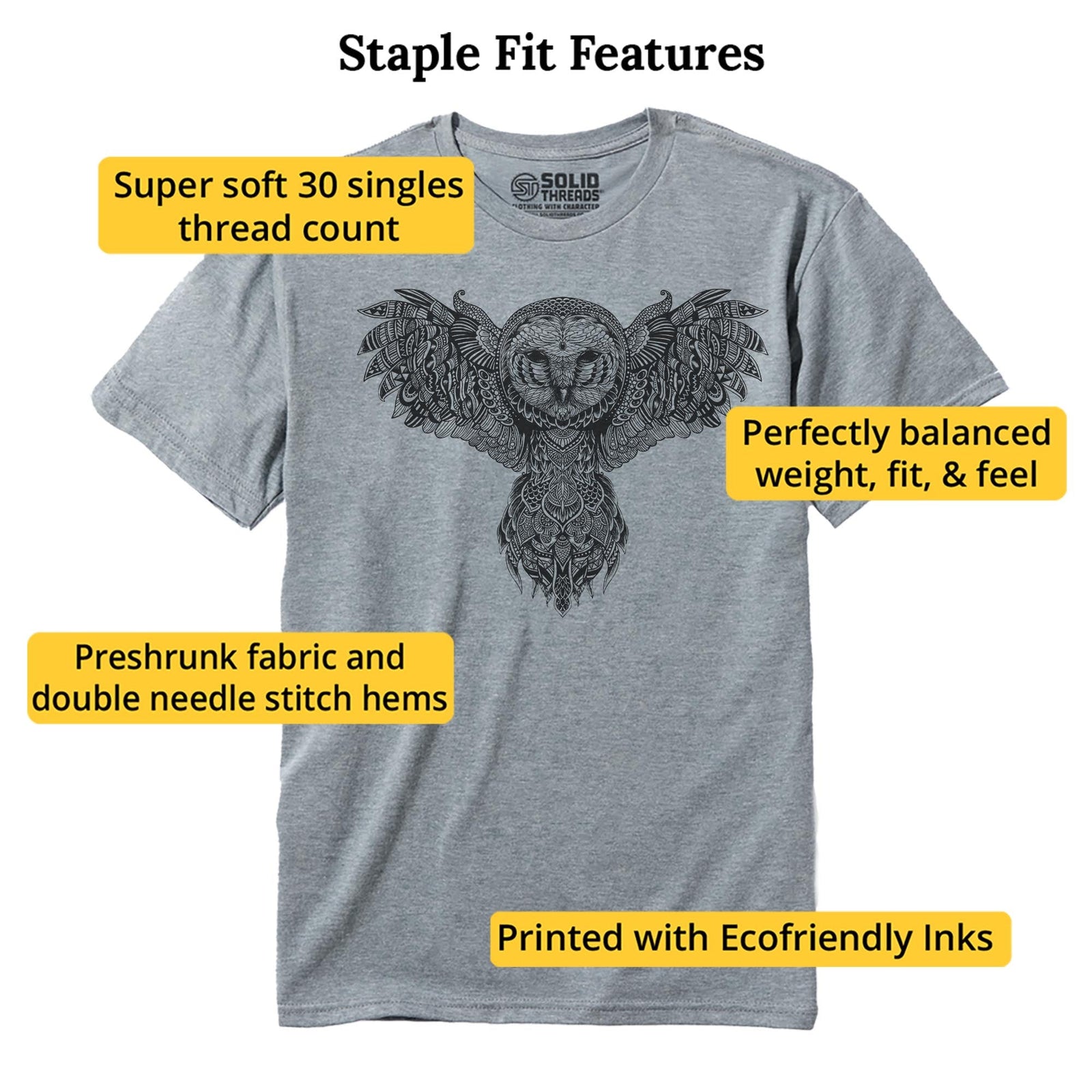 Majestic Owl Artistic Staple T-shirt in Ash Heather - Fit Attributes