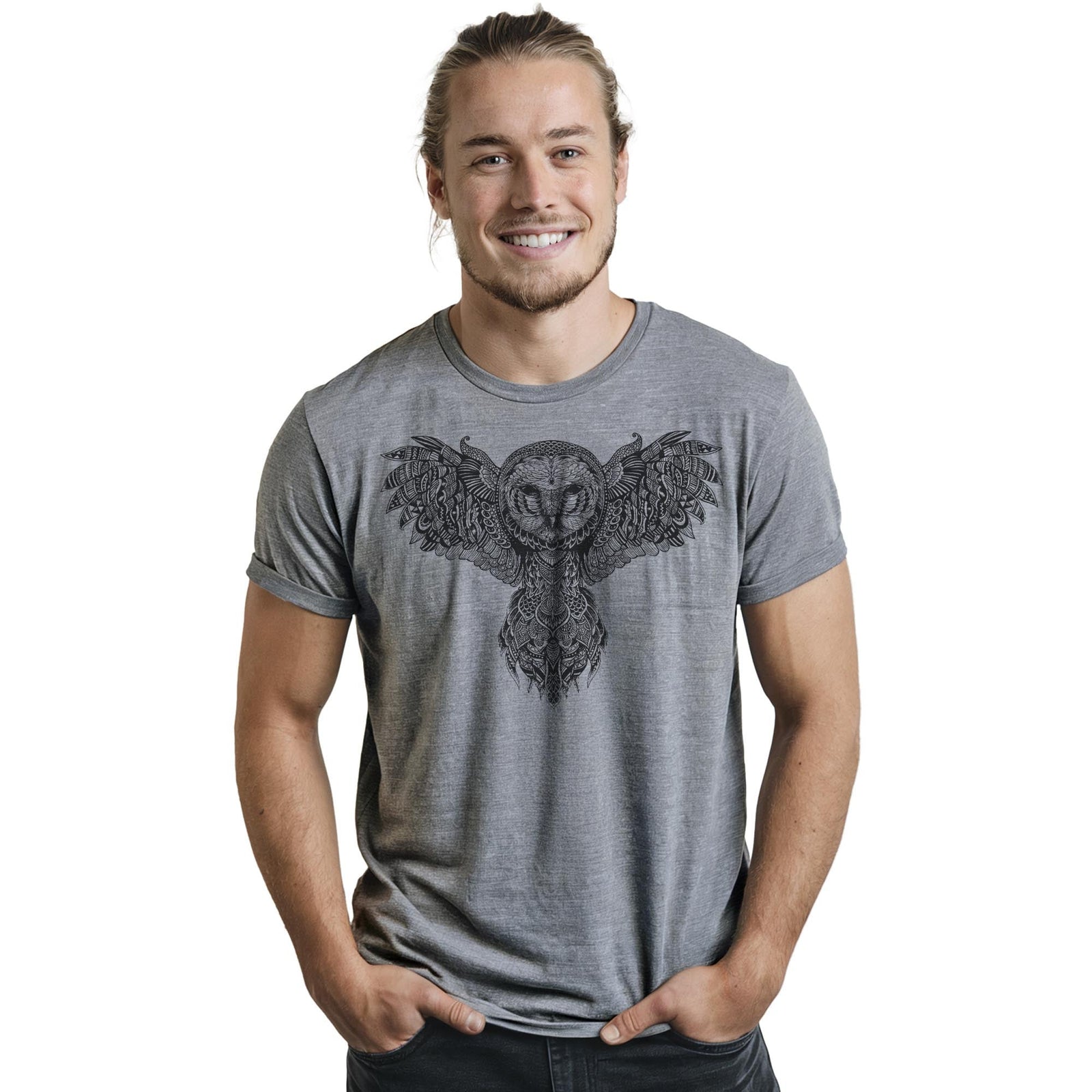 Majestic Owl Artistic Staple T-shirt in Ash Heather On Model - Front View