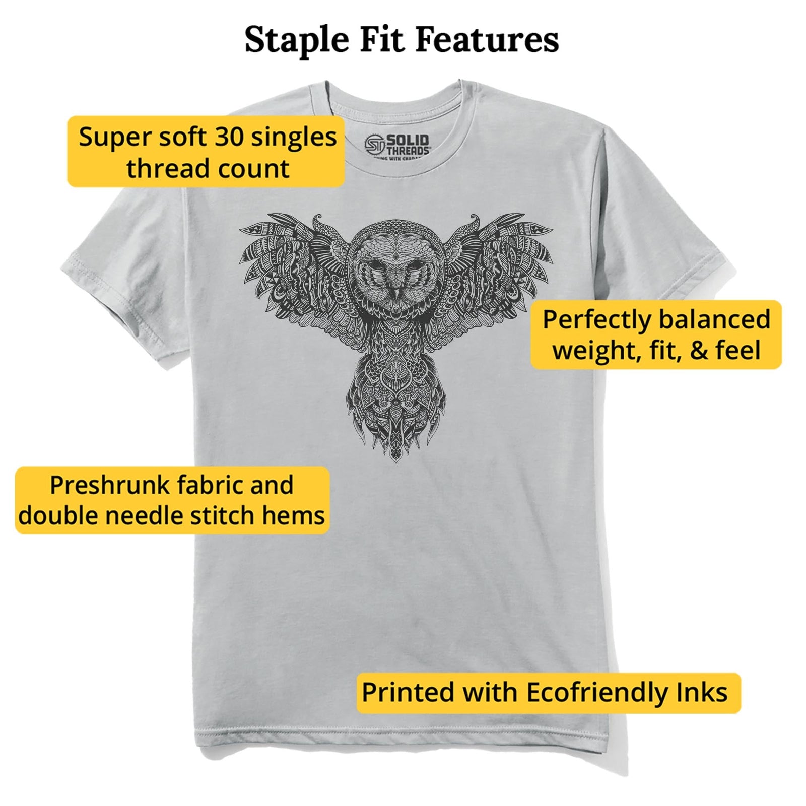 Majestic Owl Artistic Staple T-shirt in Silver - Fit Attributes