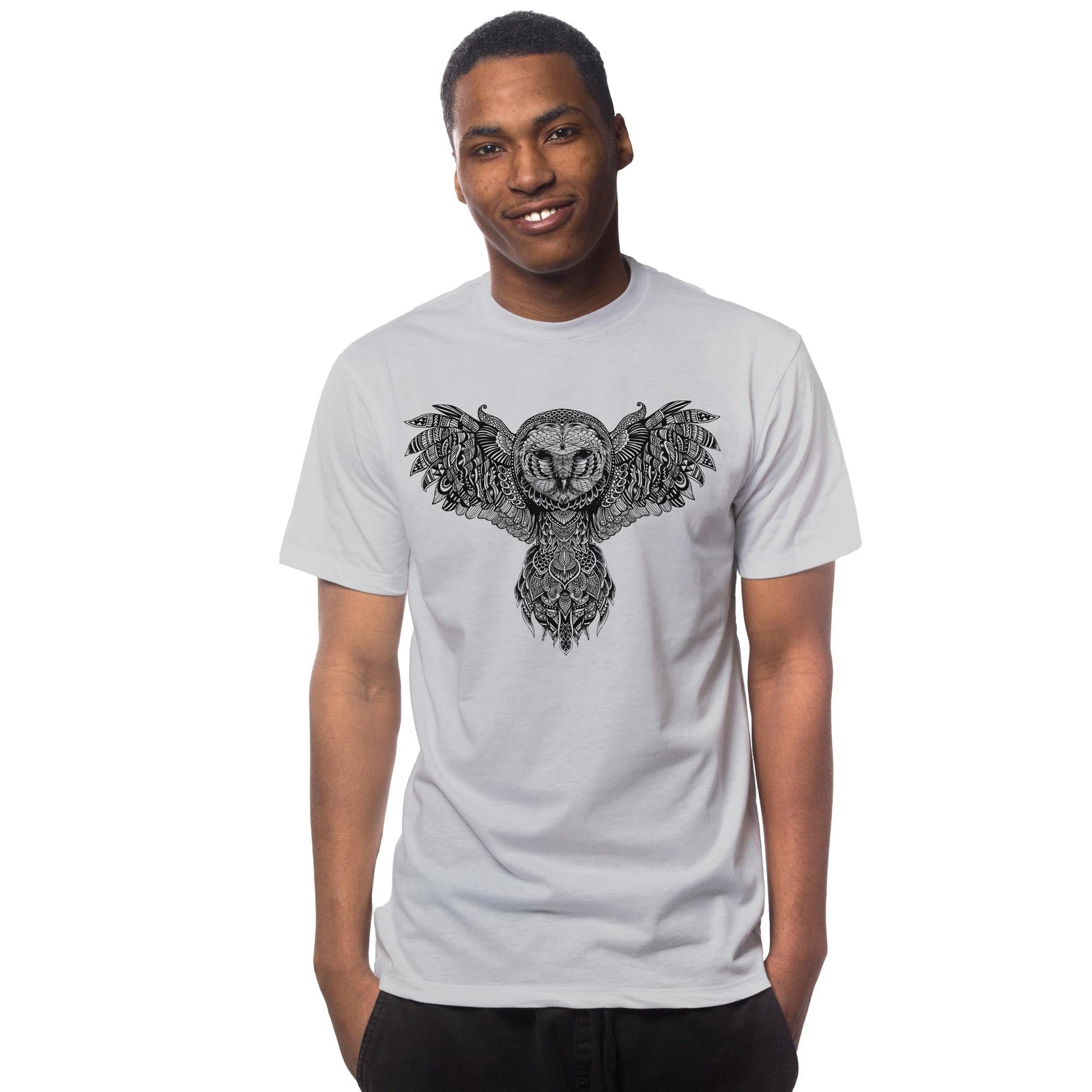 Men's Majestic-Owl Artistic Graphic T-Shirt | Cool Bird Art Tee on Model | Solid Threads