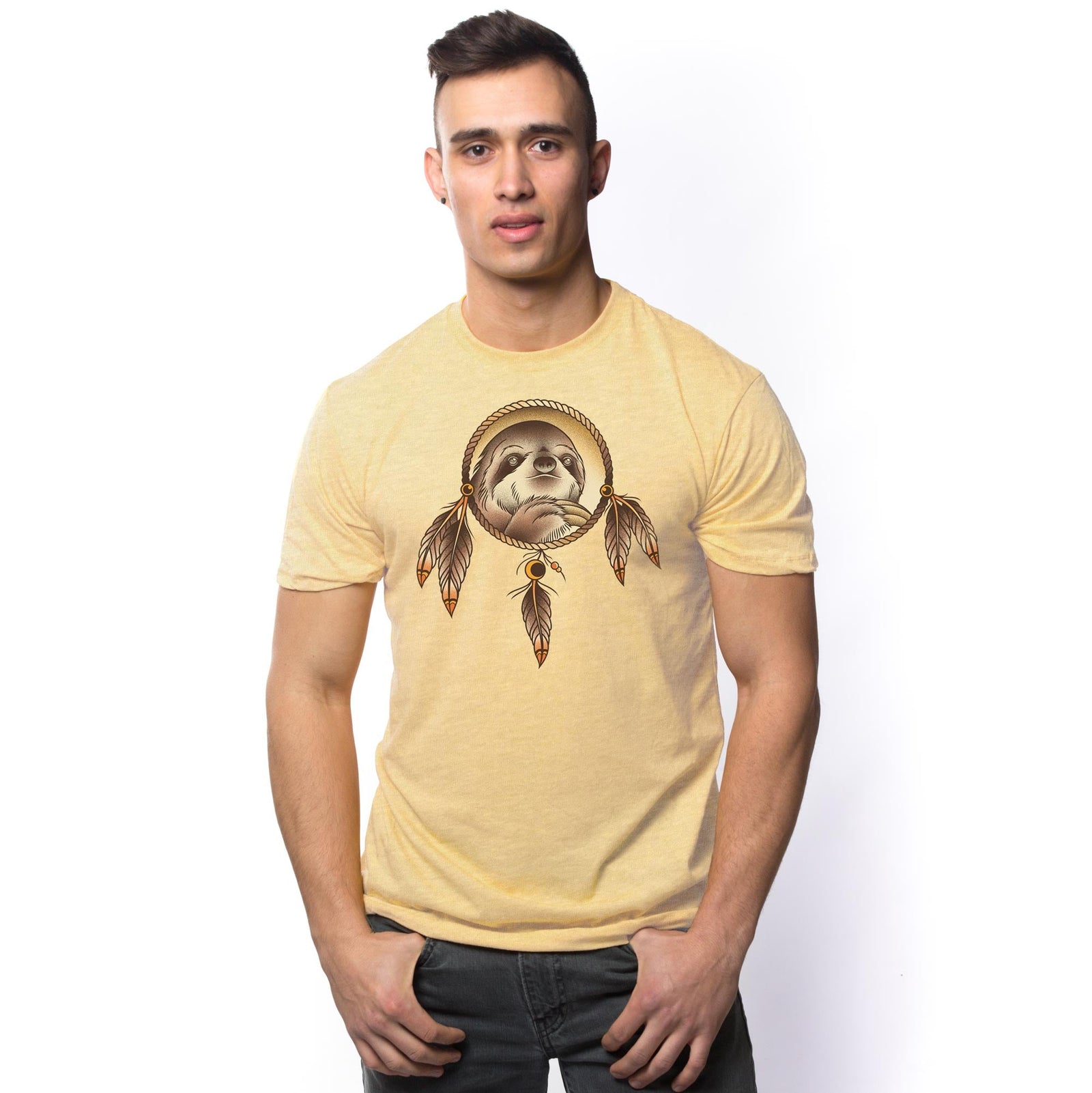 Men's Spirit-Sloth Funny Graphic T-Shirt | Cool Spiritual Animal Tee on Model | Solid Threads