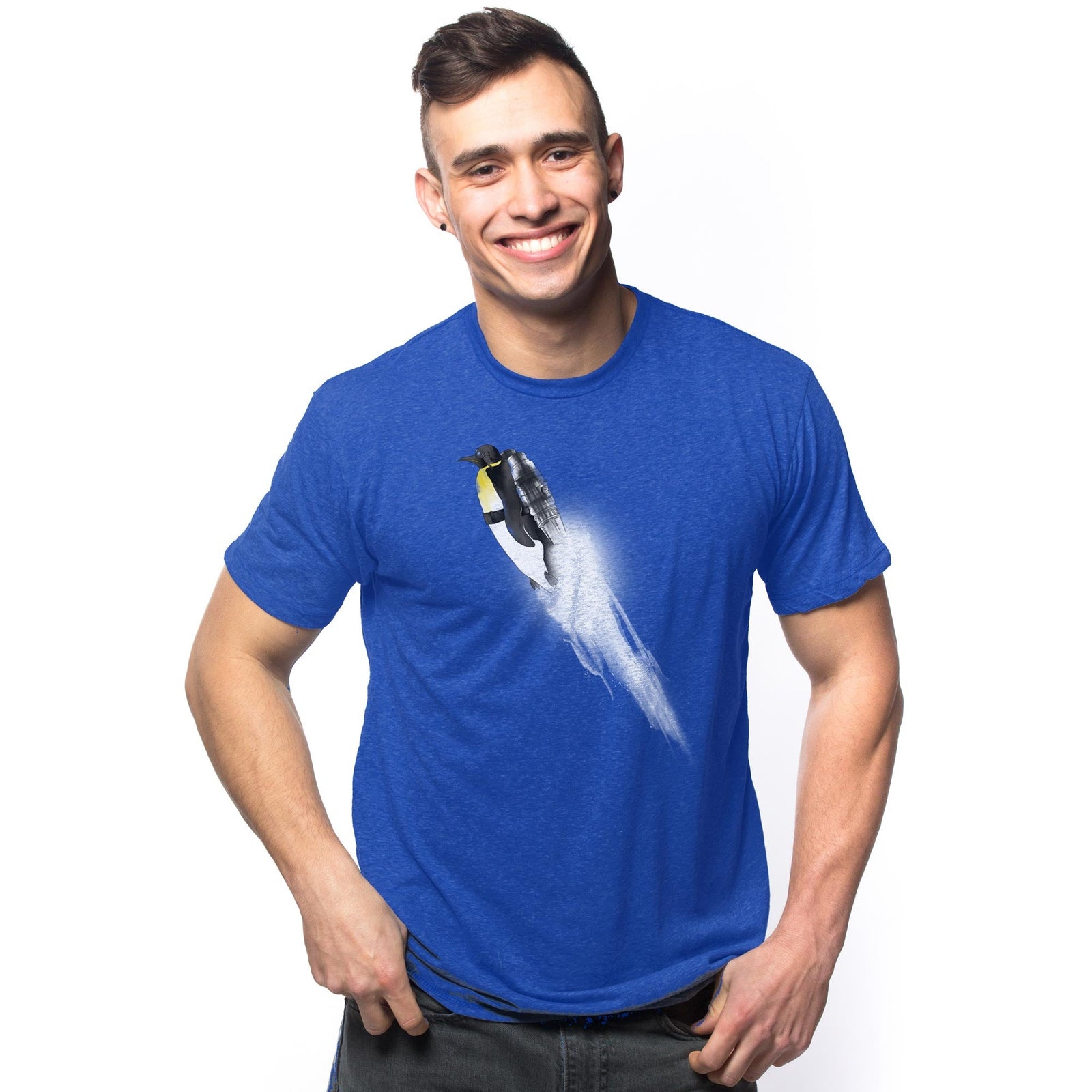 Men's Wingless-Migration Funny Graphic T-Shirt | Cool Penguin Migration Tee on Model | Solid Threads