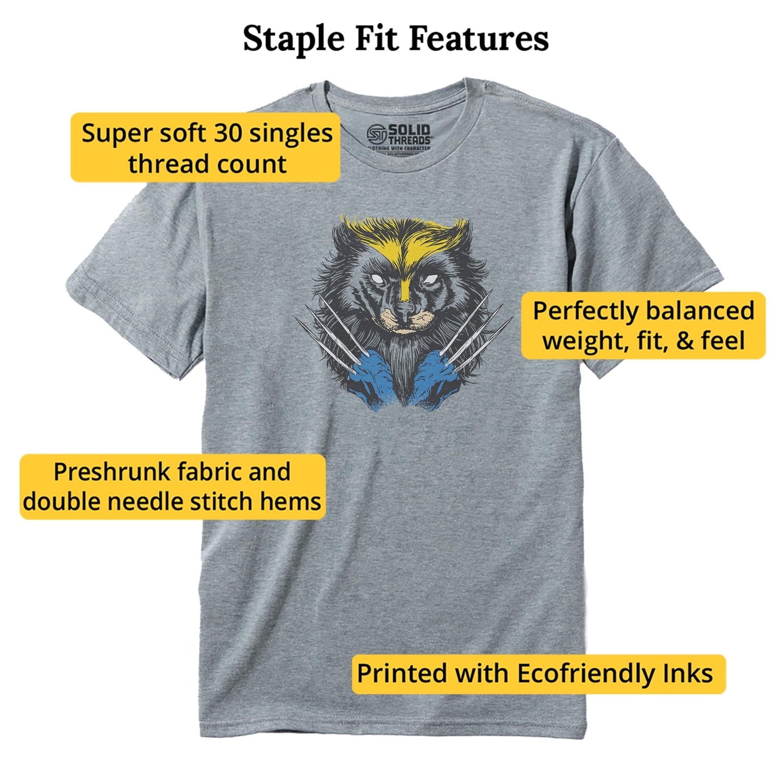 Wolverine Funny Staple T-shirt in Ash Heather - Fit Attributes