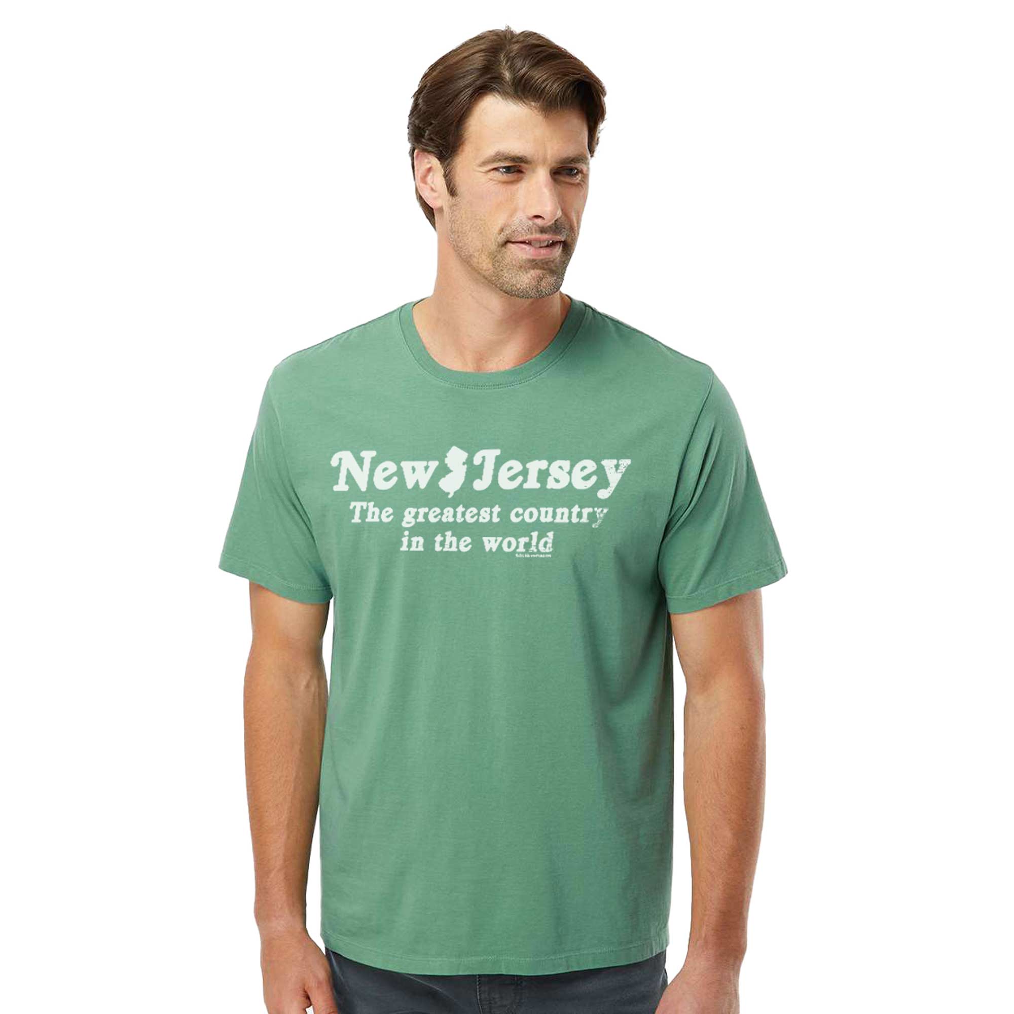 New Jersey The Greatest Country In The World Vintage Organic Cotton T-shirt | Funny Garden State  Tee On Model | Solid Threads