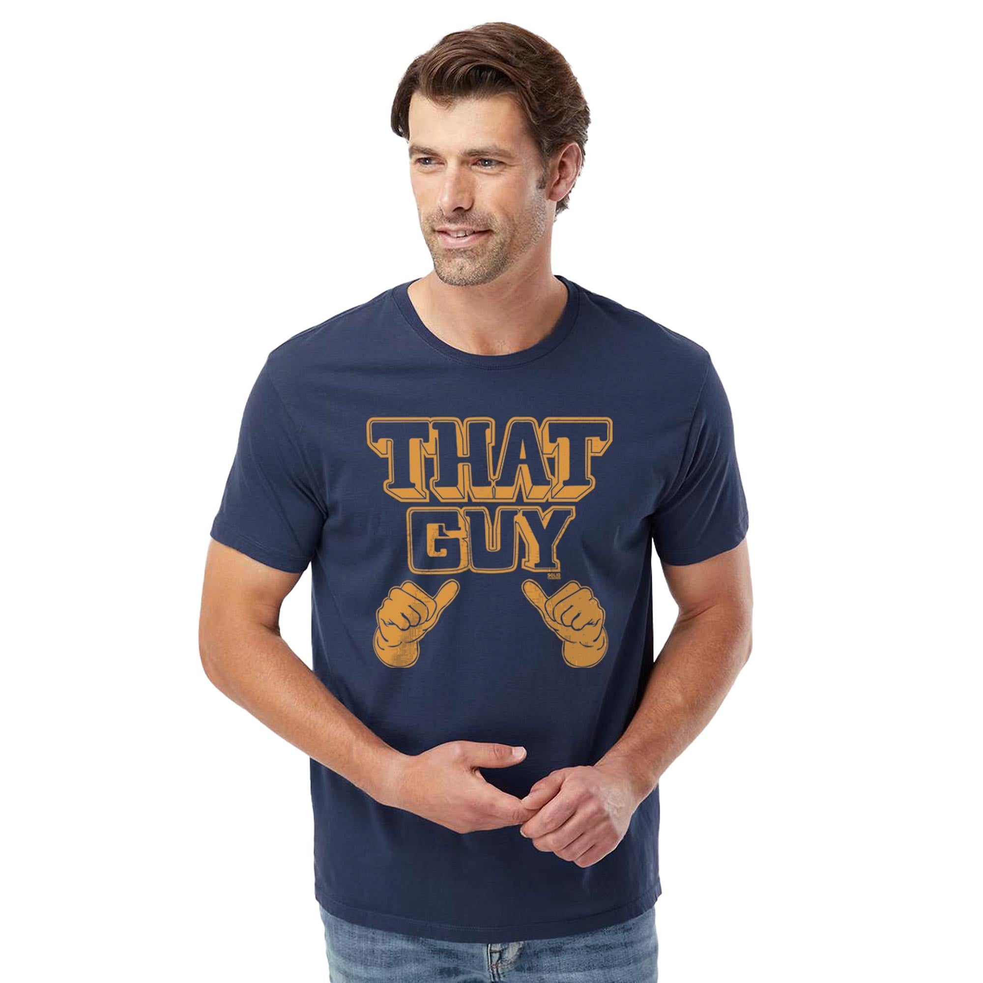 That Guy Funny Organic Cotton T-shirt | Vintage Center Of Attention Tee On Model | Solid Threads