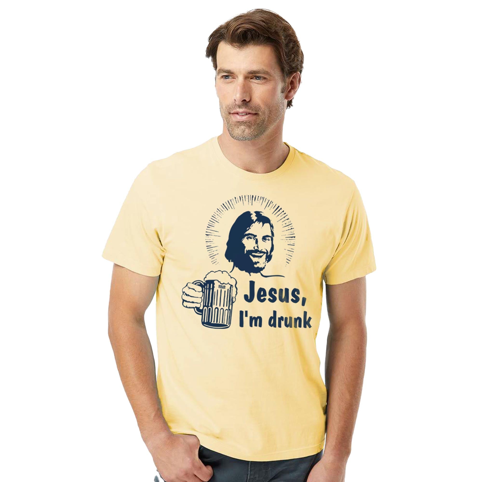 Jesus I'm Drunk Funny Organic Cotton T-shirt | Vintage Drinking   Tee On Model | Solid Threads