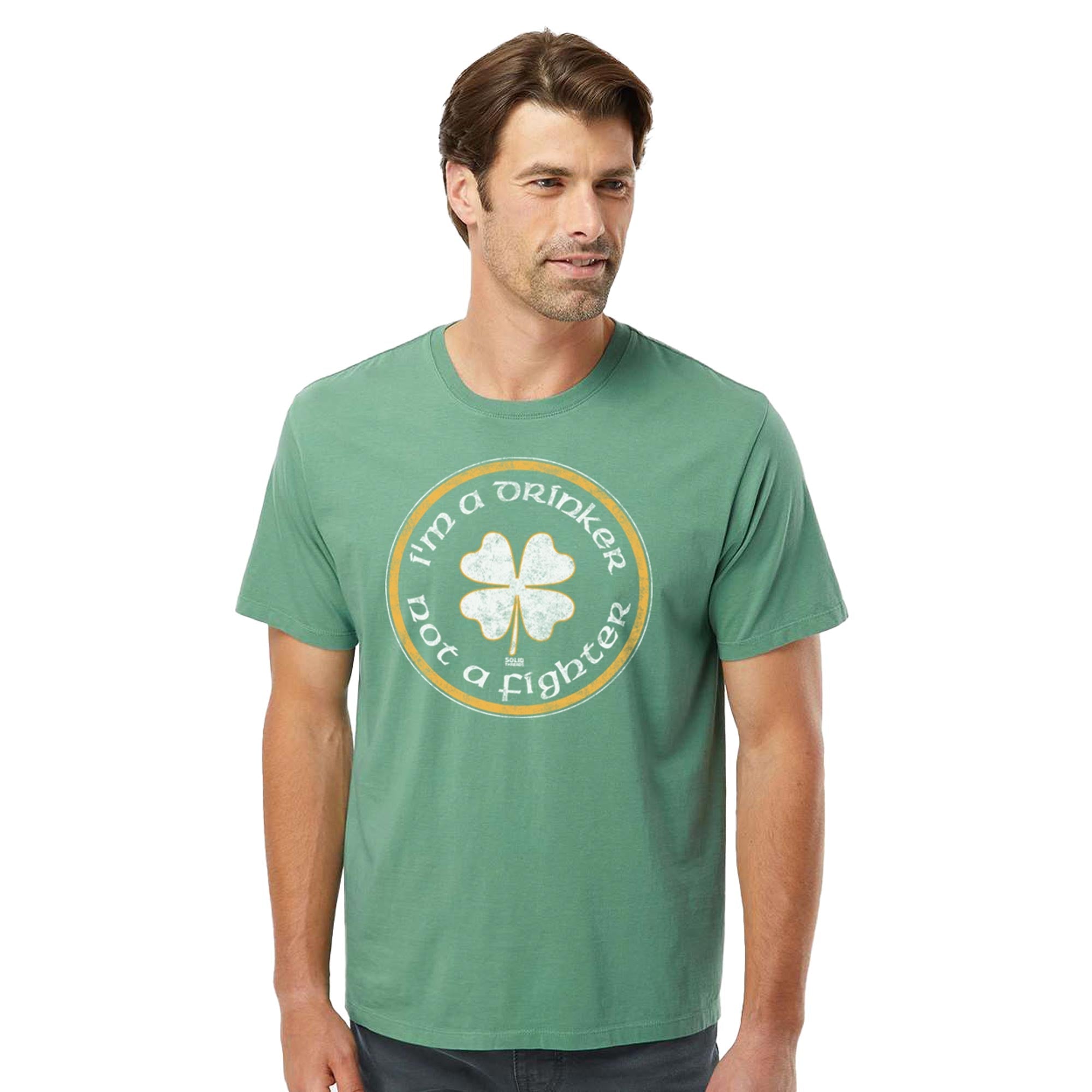 I'm A Drinker Not A Fighter Vintage Organic Cotton T-shirt | Funny St Paddy's  Tee On Model | Solid Threads