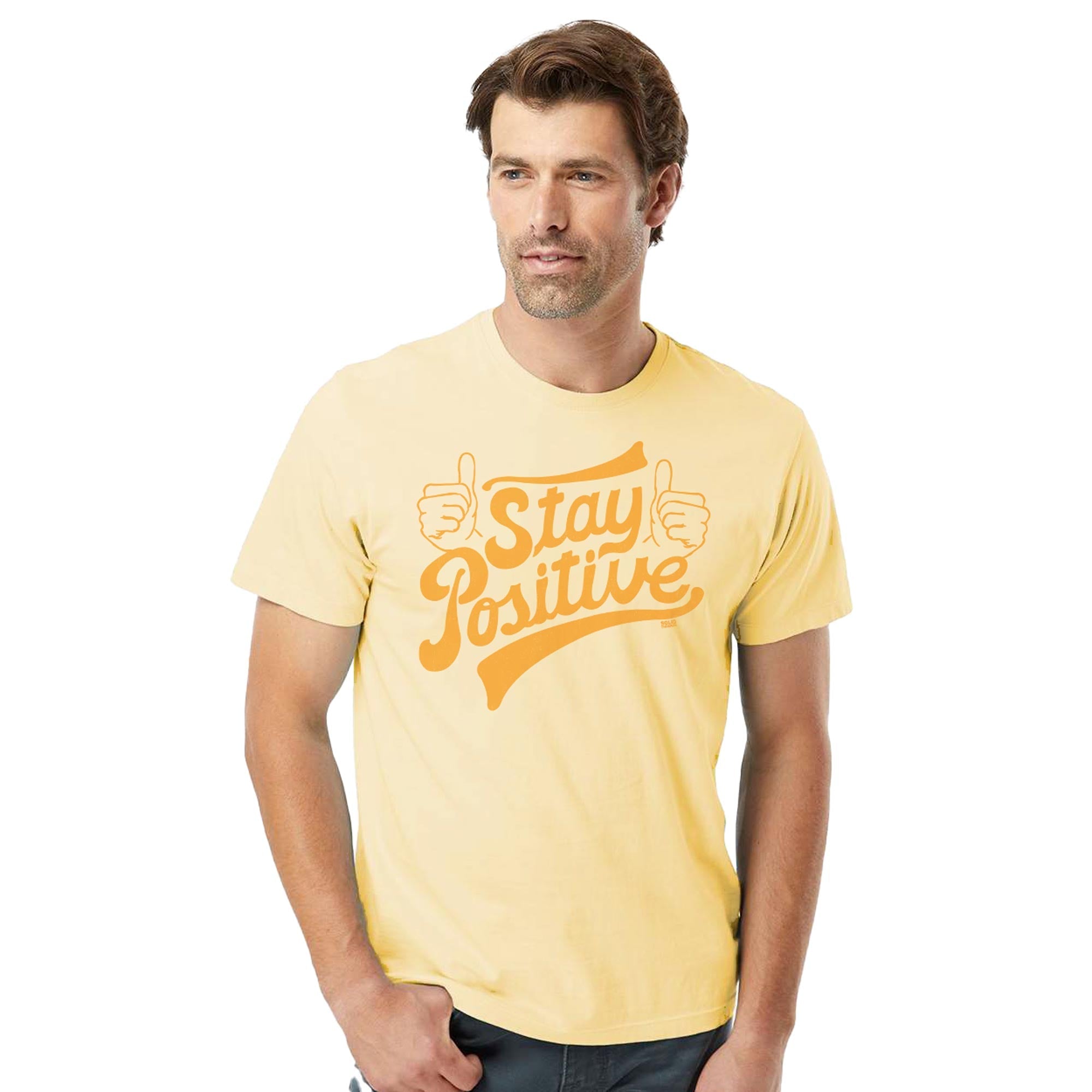 Stay Positive Cool Organic Cotton T-shirt | Retro Wholesome Happiness  Tee On Model | Solid Threads