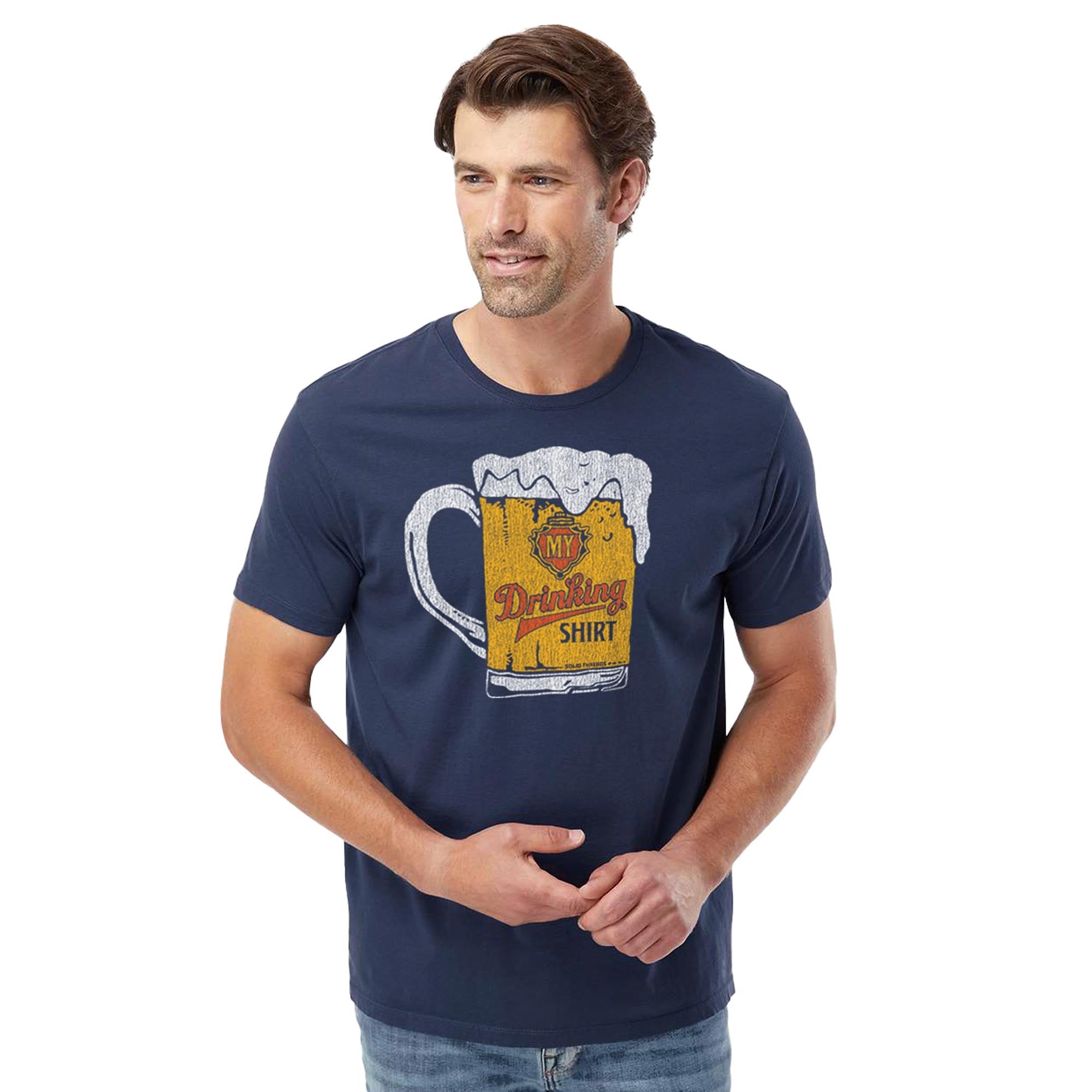 My Drinking Shirt Retro Organic Cotton T-shirt | Funny Pints   Tee On Model | Solid Threads
